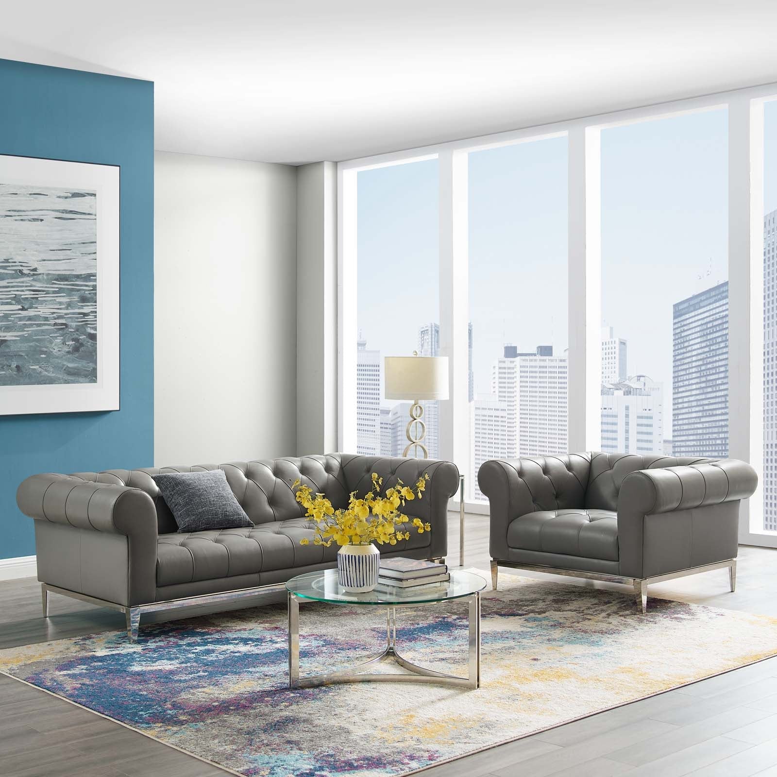 Idyll Tufted Upholstered Leather Sofa and Armchair Set by Modway