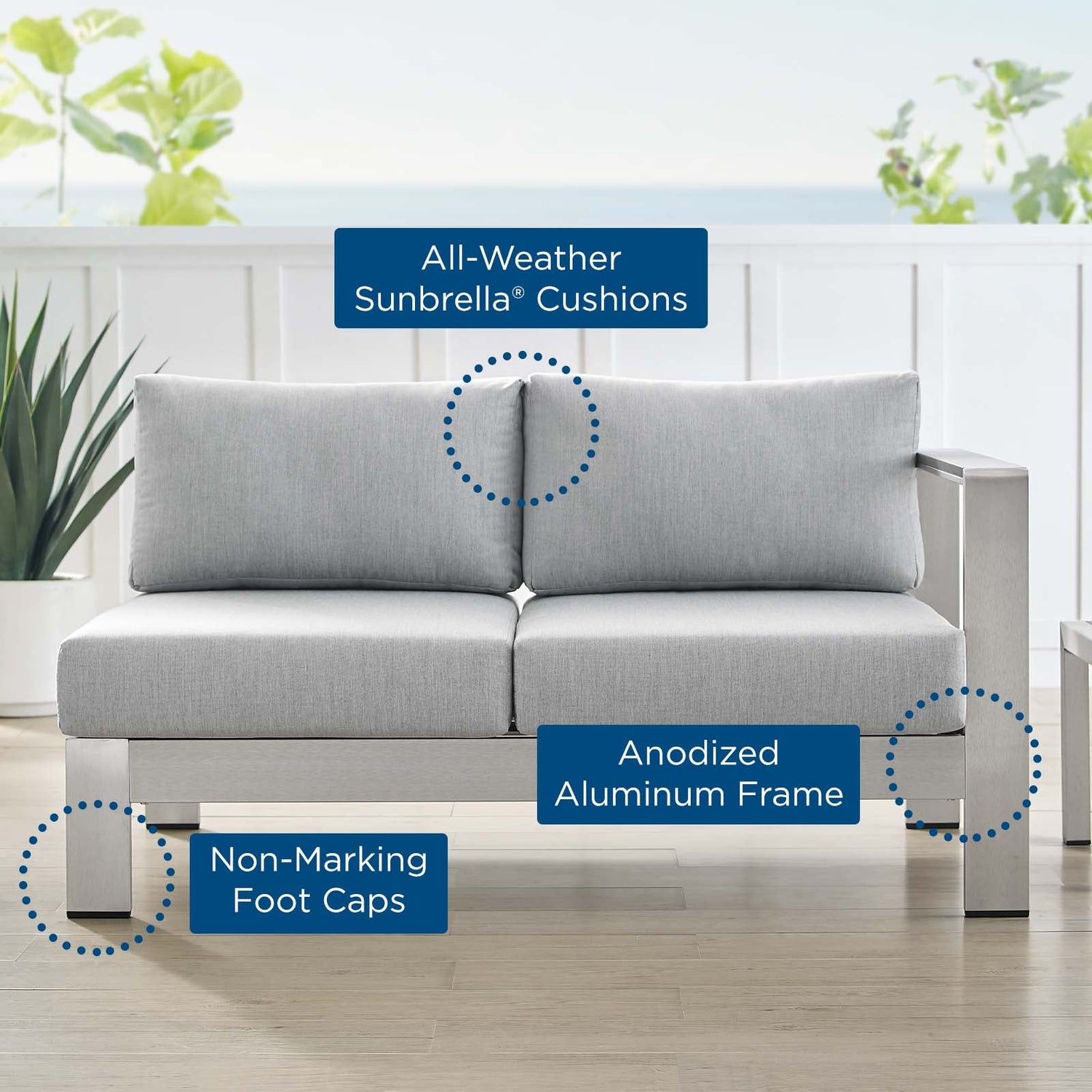 Shore Sunbrella¬¨√Ü Fabric Aluminum Outdoor Patio Right-Arm Loveseat By HouseBean