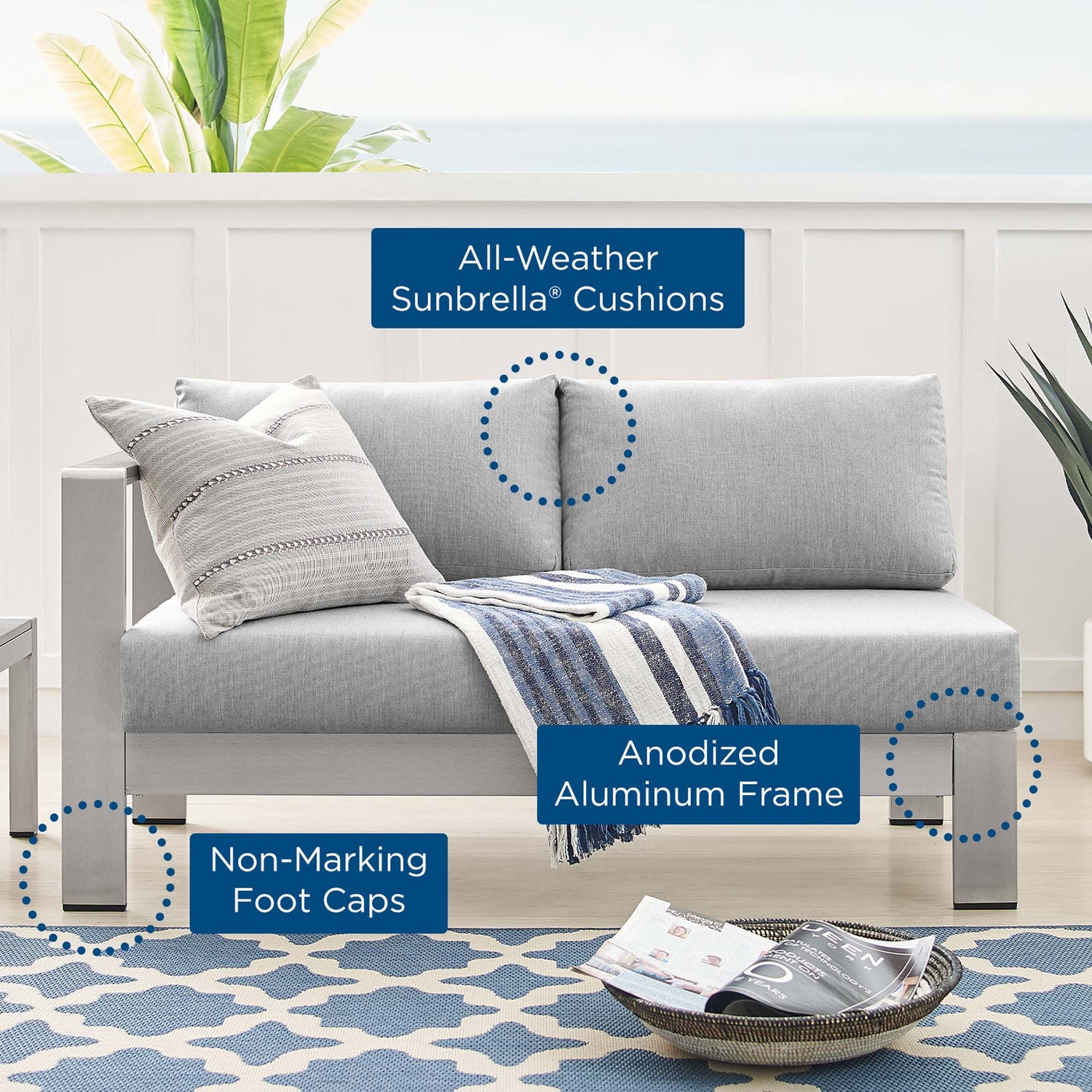 Shore Sunbrella¬Æ Fabric Aluminum Outdoor Patio Left-Arm Loveseat by Modway