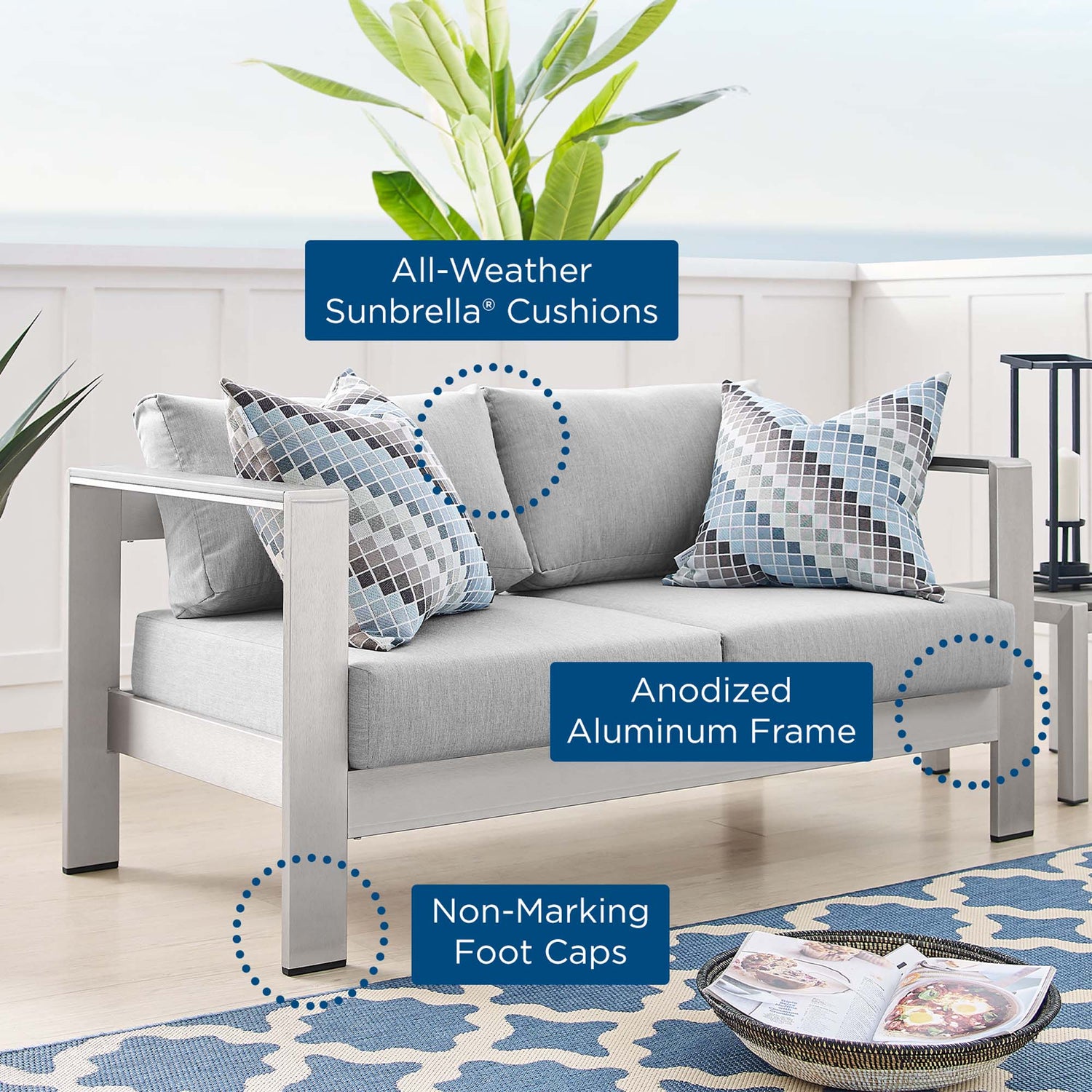 Shore Sunbrella¬Æ Fabric Aluminum Outdoor Patio Loveseat by Modway