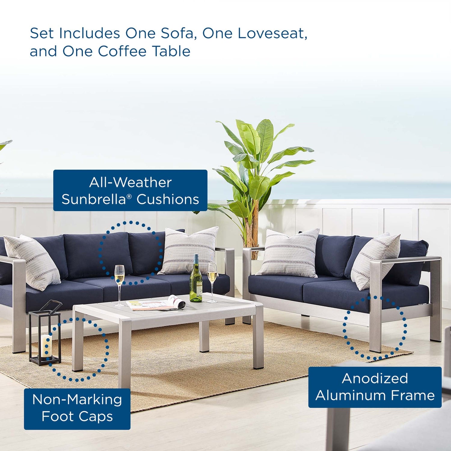 Shore Sunbrella¬Æ Fabric Outdoor Patio Aluminum 3 Piece Set by Modway