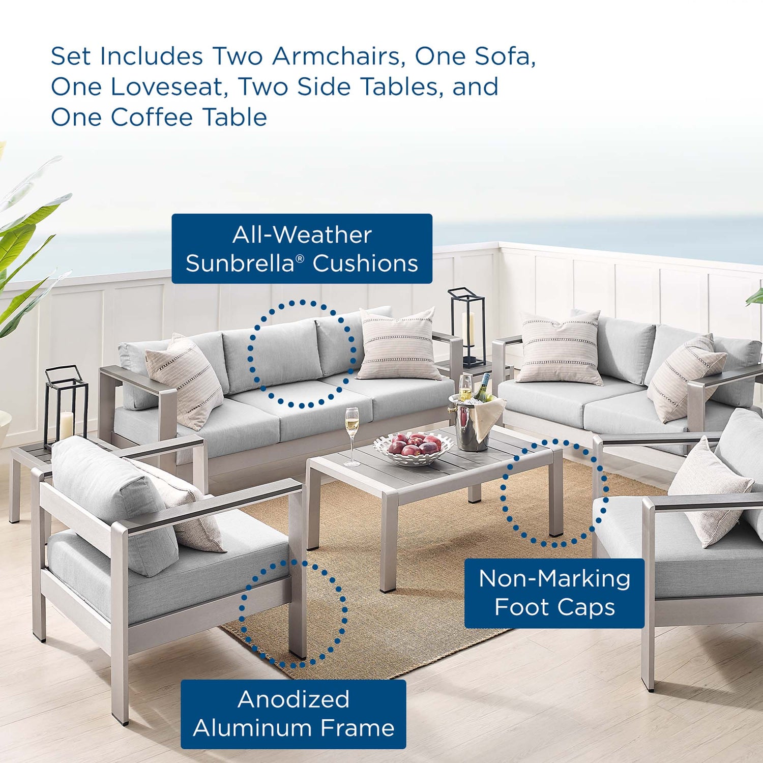 Shore Sunbrella¬Æ Fabric Outdoor Patio Aluminum 7 Piece Set by Modway