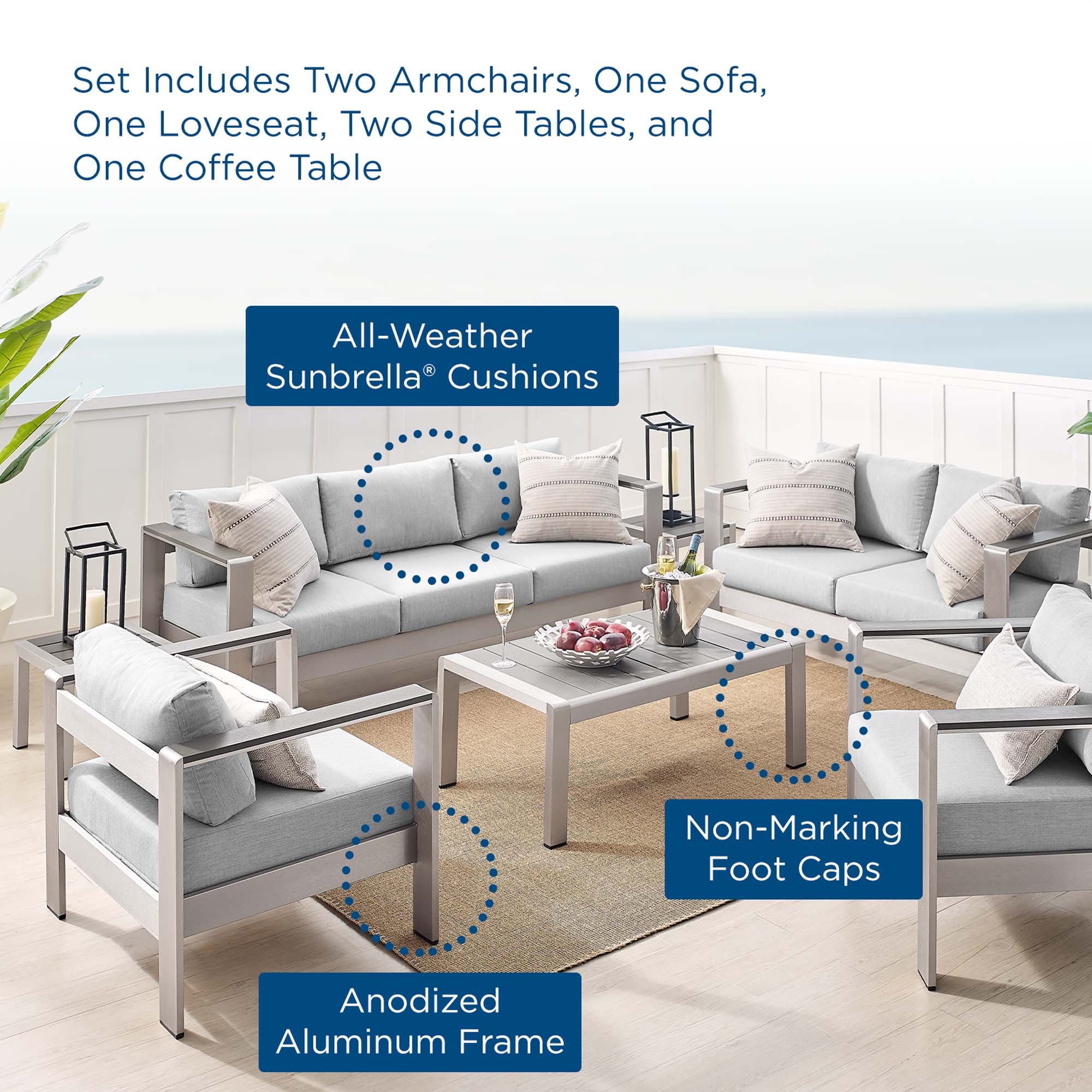 Shore Sunbrella¬Æ Fabric Outdoor Patio Aluminum 7 Piece Set by Modway