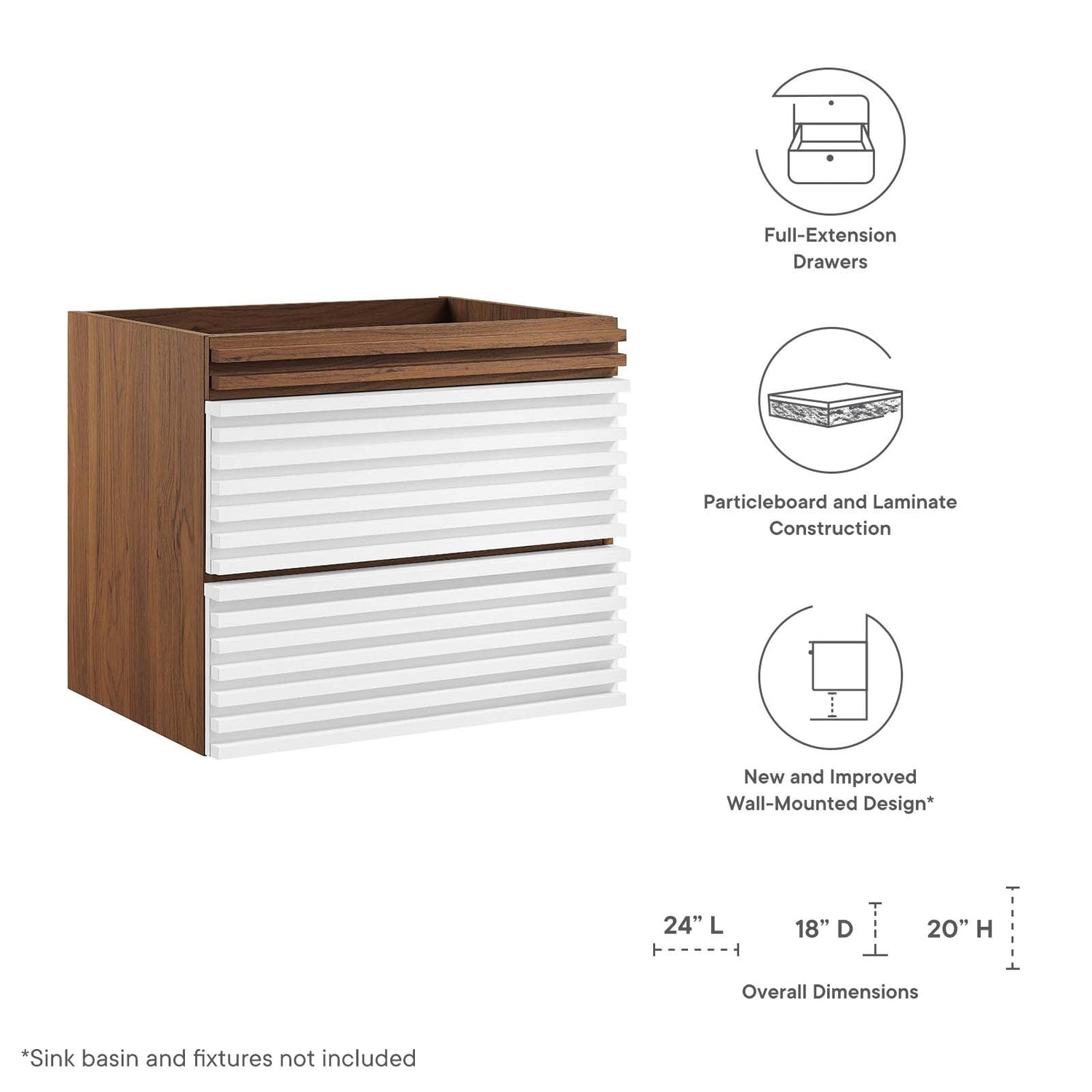 Render 24&quot; Wall-Mount Bathroom Vanity Cabinet (Sink Basin Not Included) By HouseBean