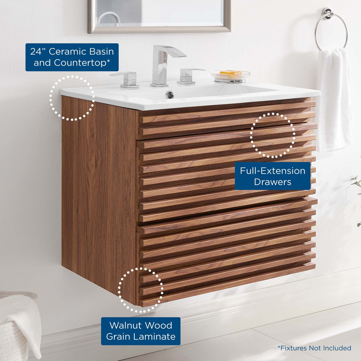 Render Wall-Mount Bathroom Vanity with White Basin Included by Modway