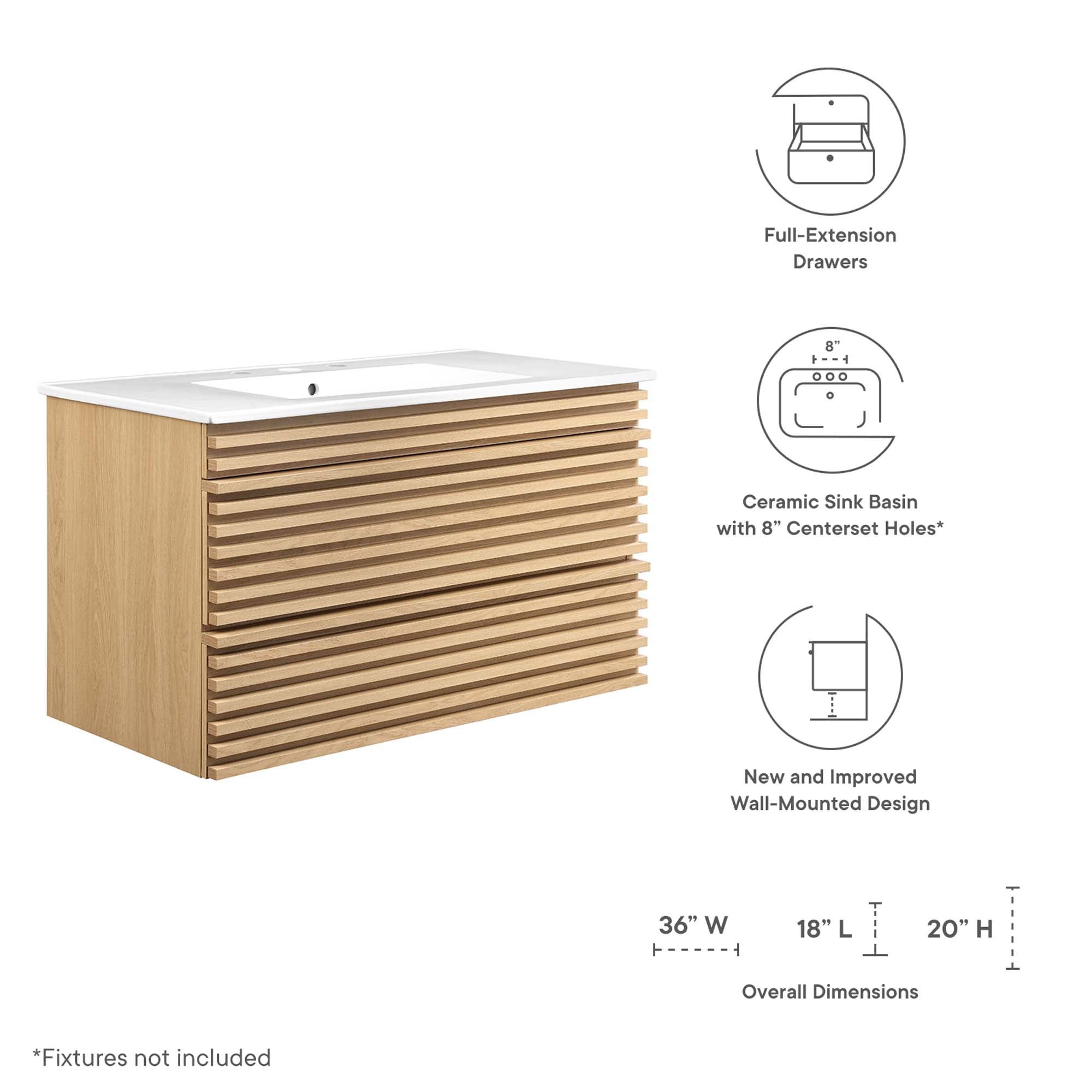 Render Wall-Mount Bathroom Vanity with White Basin Included by Modway