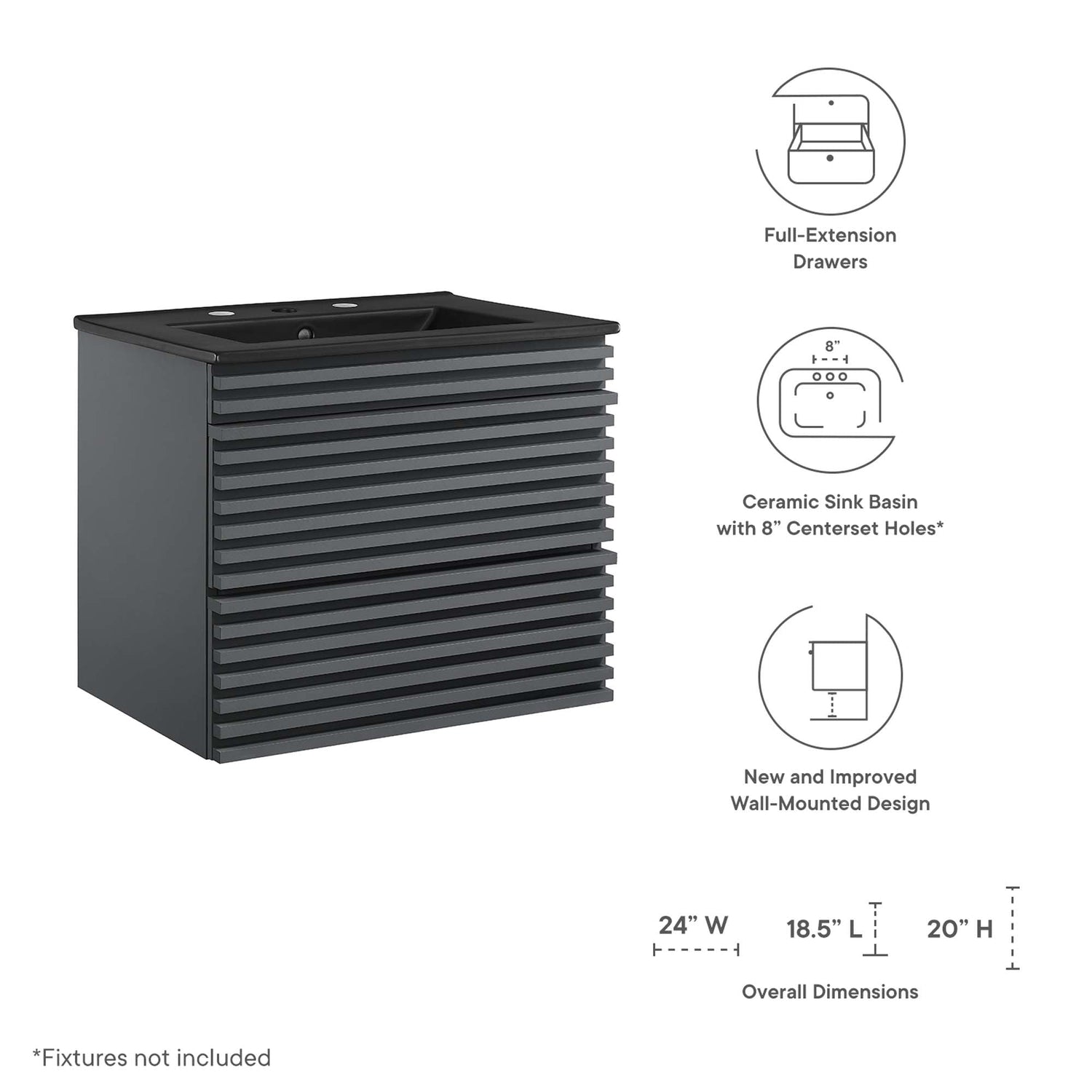 Render Wall-Mount Bathroom Vanity with Black Basin Included by Modway