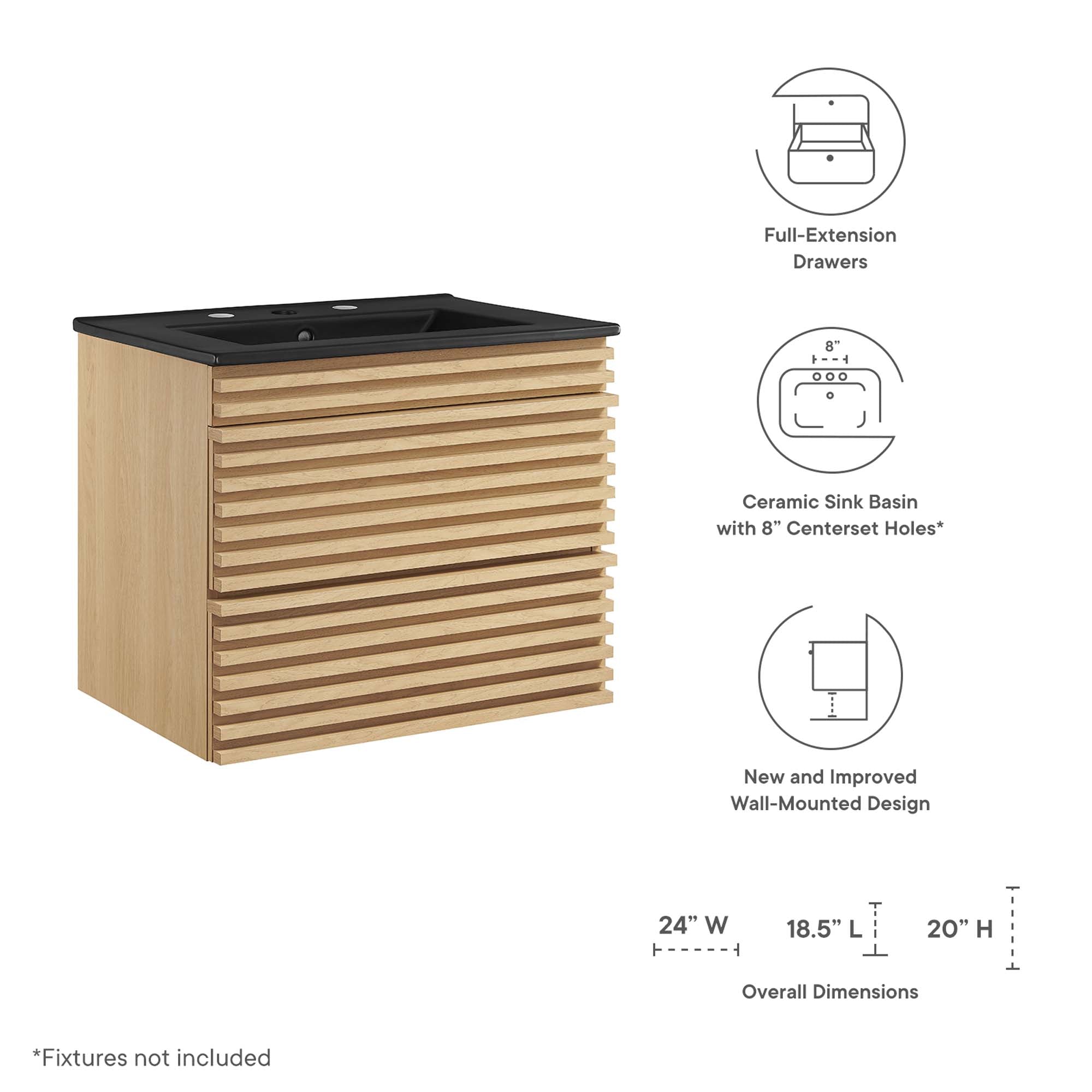 Render Wall-Mount Bathroom Vanity with Black Basin Included by Modway