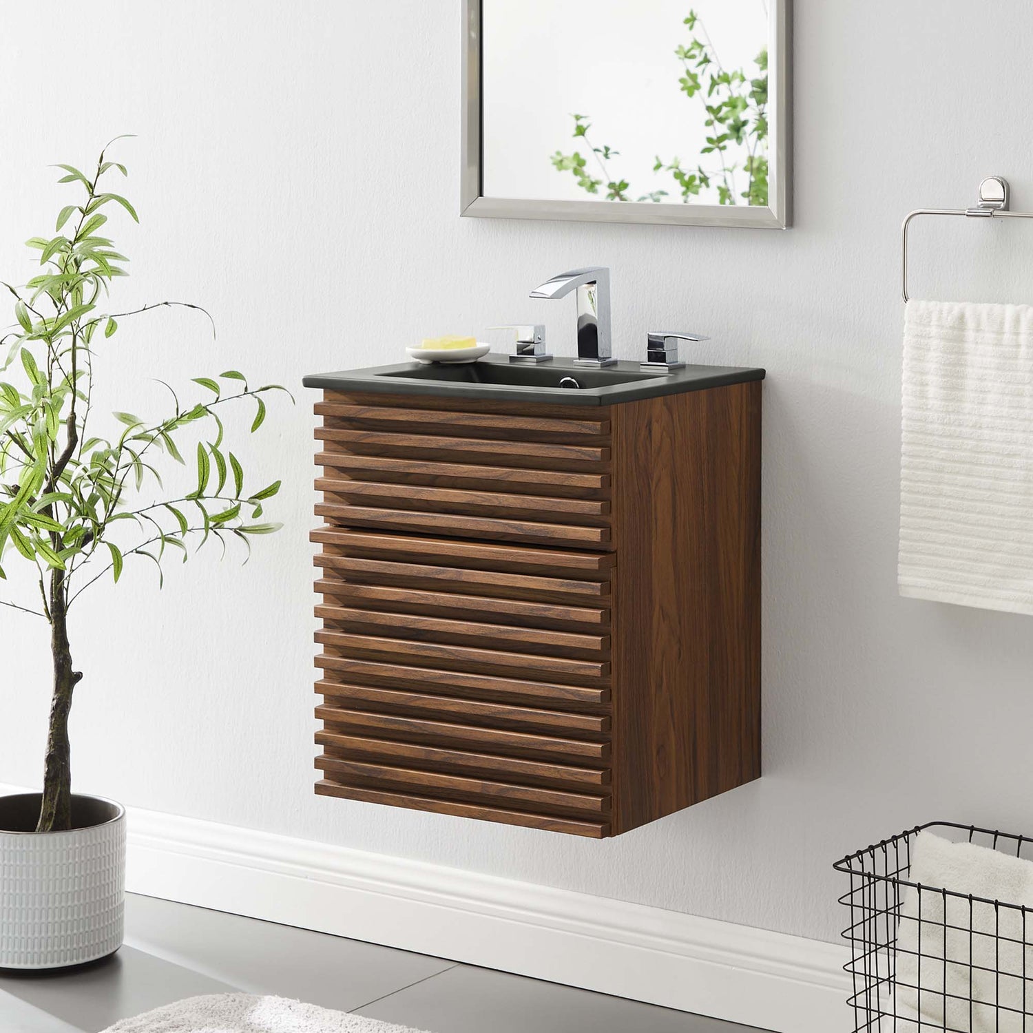 Render Wall-Mount Bathroom Vanity with Black Basin Included by Modway