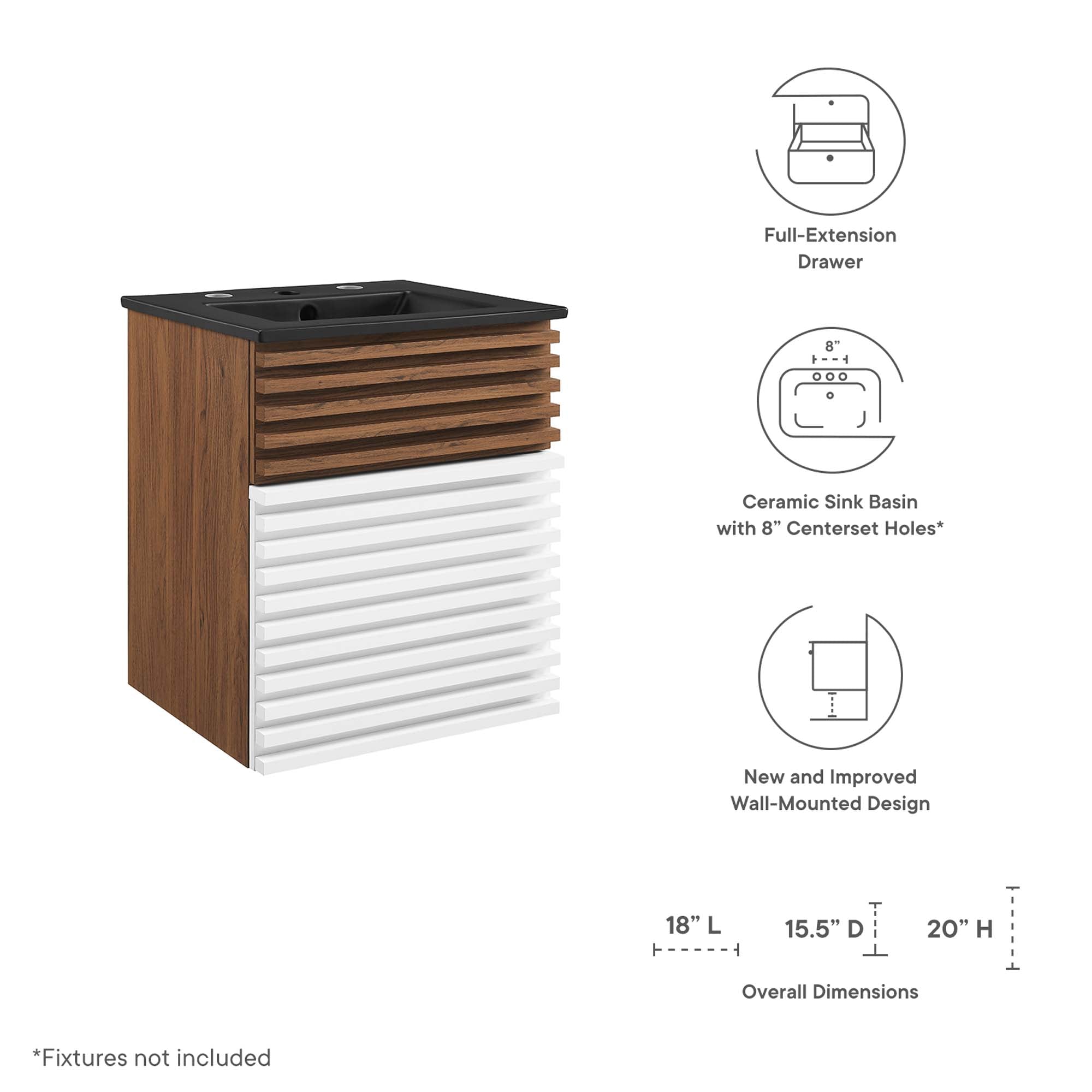 Render Wall-Mount Bathroom Vanity with Black Basin Included by Modway