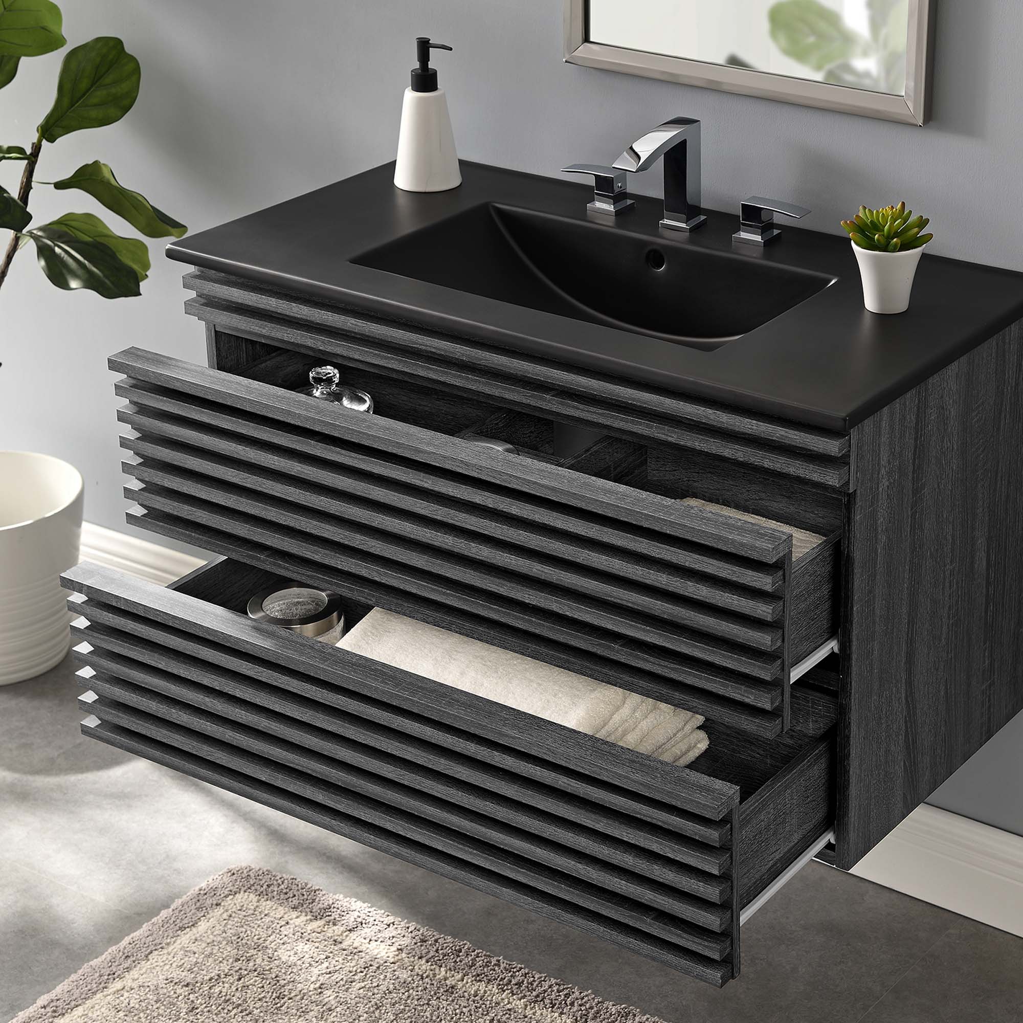 Render Wall-Mount Bathroom Vanity with Black Basin Included by Modway