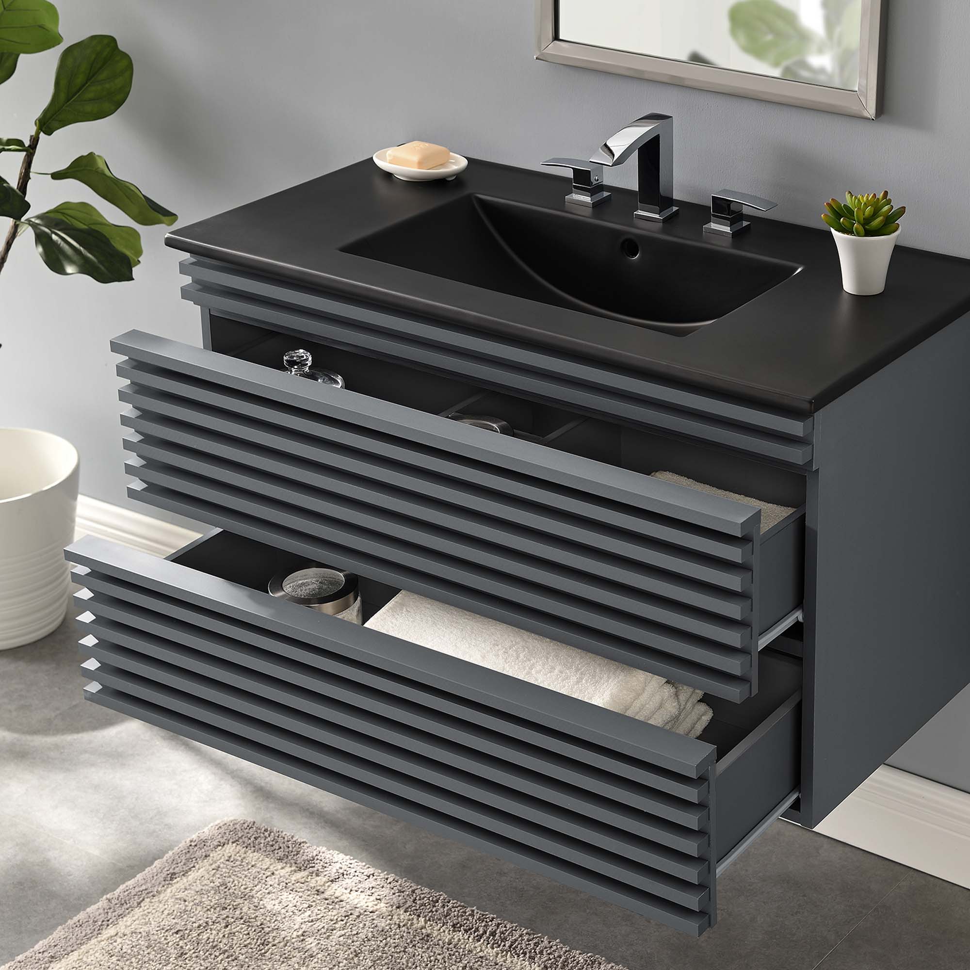 Render Wall-Mount Bathroom Vanity with Black Basin Included by Modway