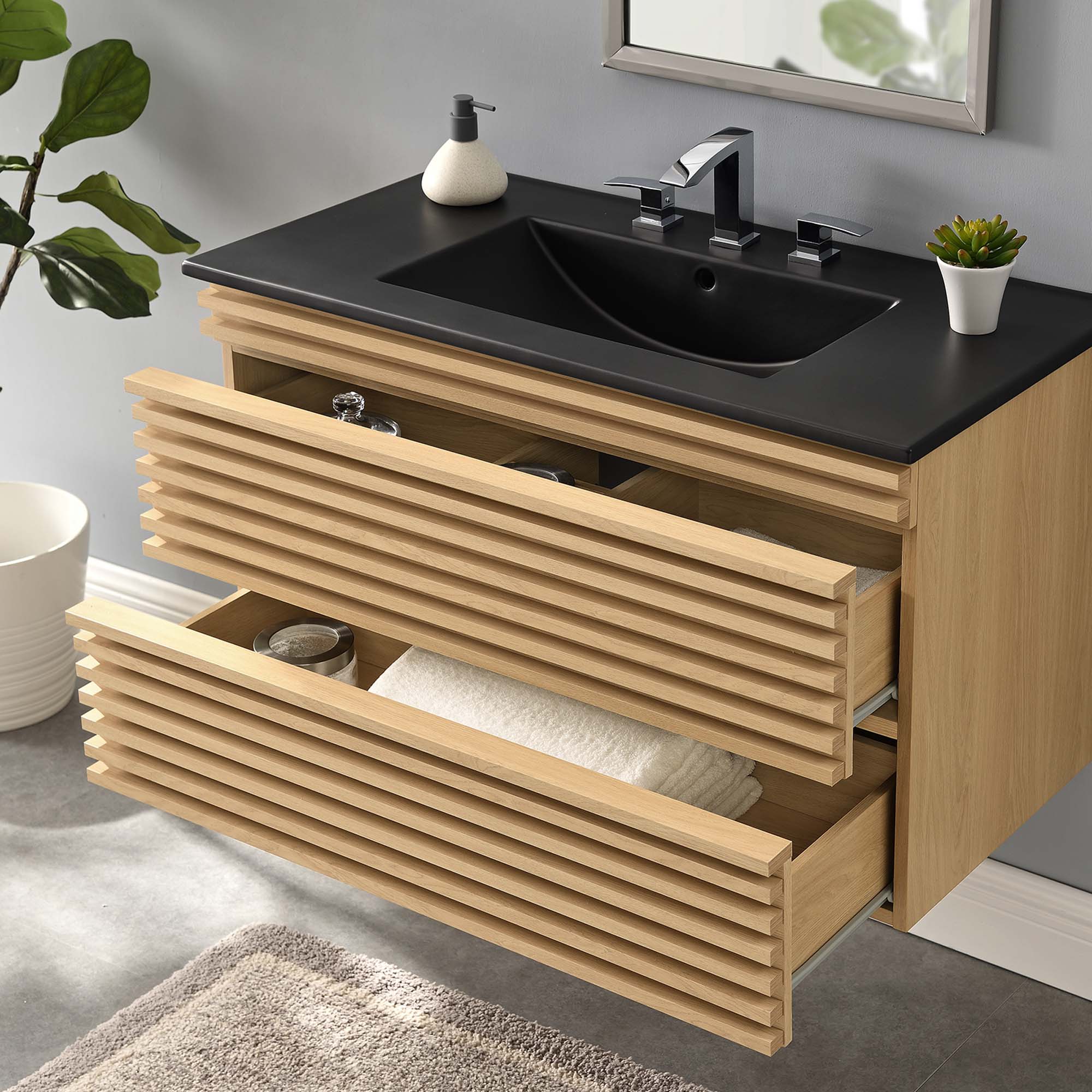 Render Wall-Mount Bathroom Vanity with Black Basin Included by Modway