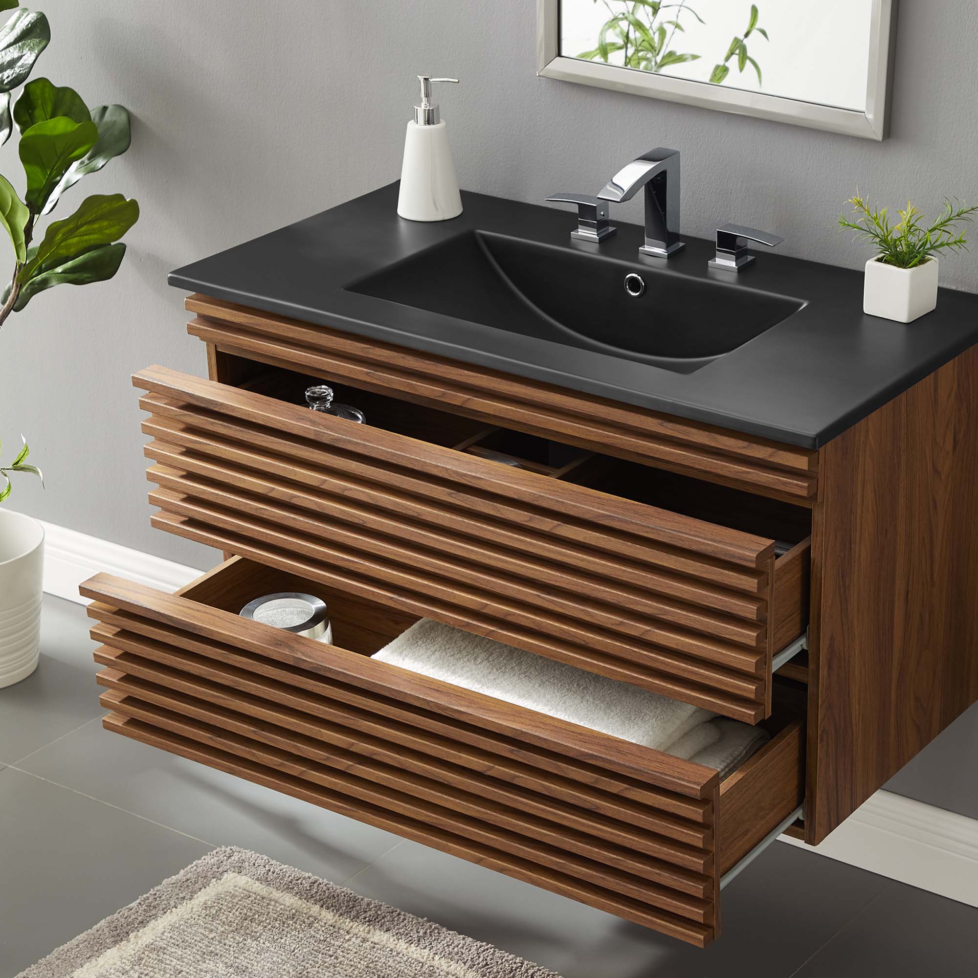 Render Wall-Mount Bathroom Vanity with Black Basin Included by Modway