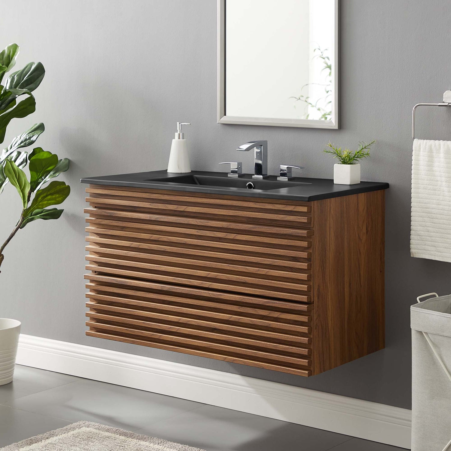 Render Wall-Mount Bathroom Vanity with Black Basin Included by Modway