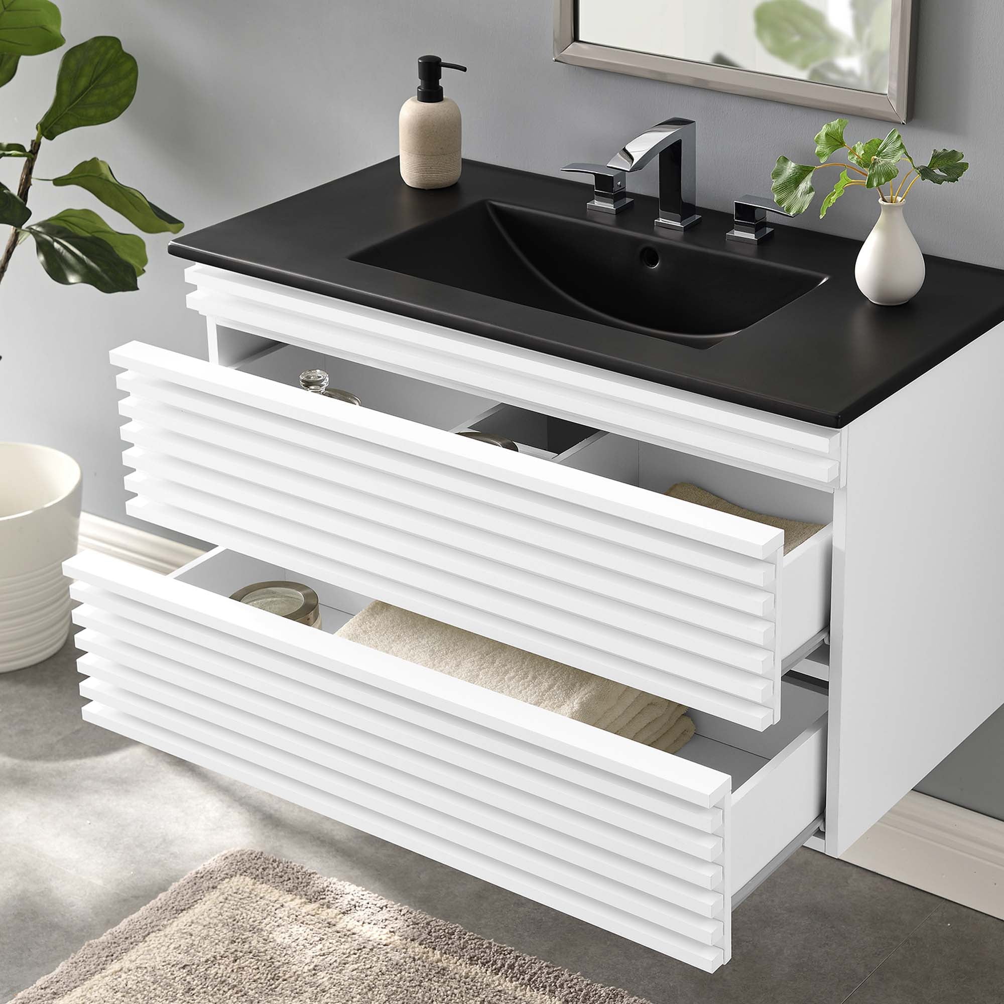 Render Wall-Mount Bathroom Vanity with Black Basin Included by Modway