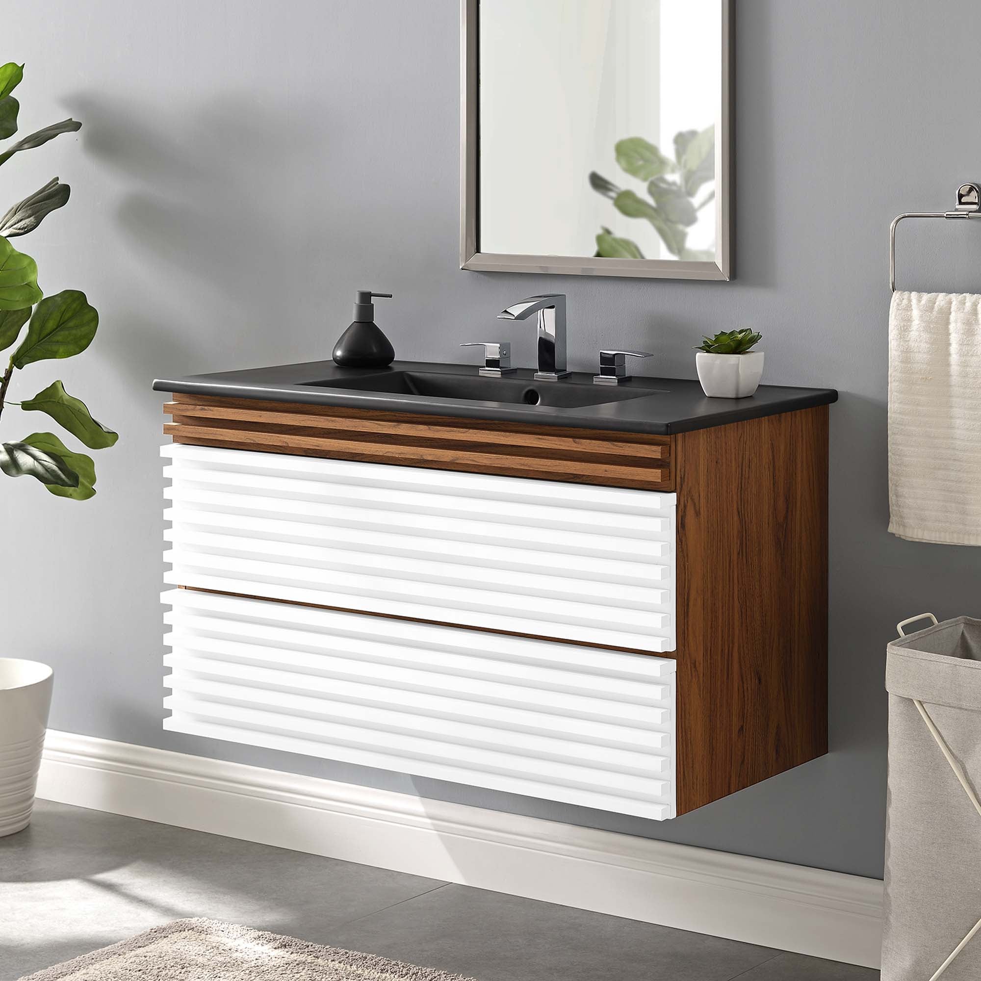 Render Wall-Mount Bathroom Vanity with Black Basin Included by Modway