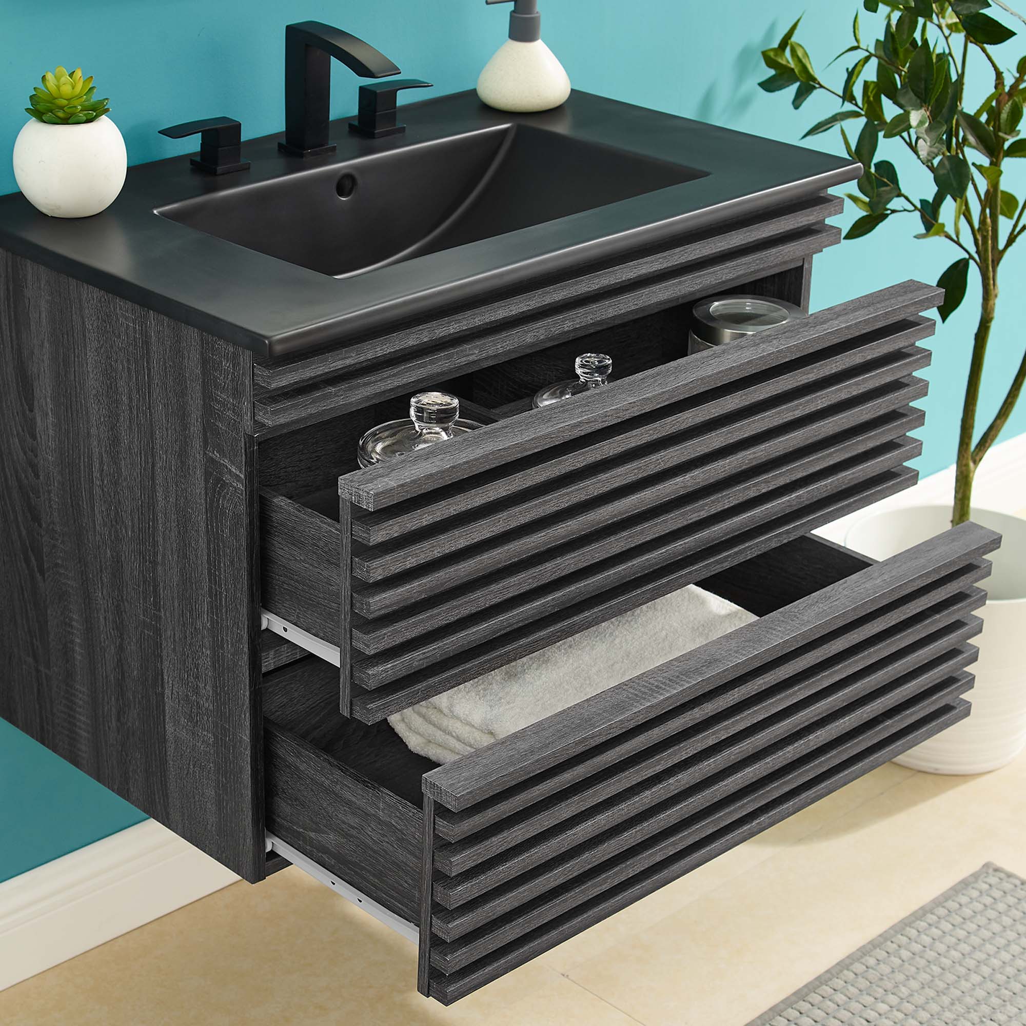 Render Wall-Mount Bathroom Vanity with Black Basin Included by Modway