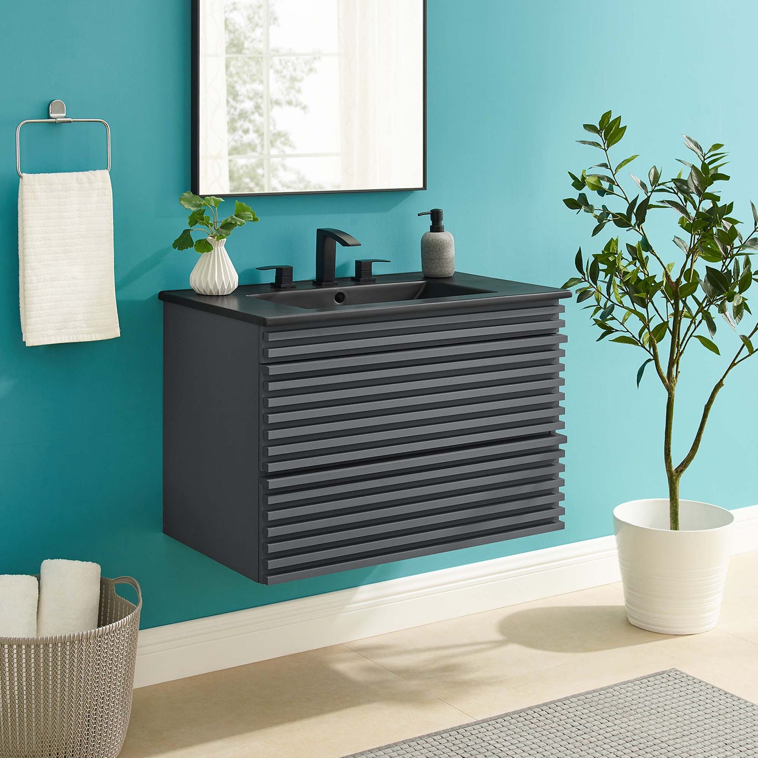 Render Wall-Mount Bathroom Vanity with Black Basin Included by Modway