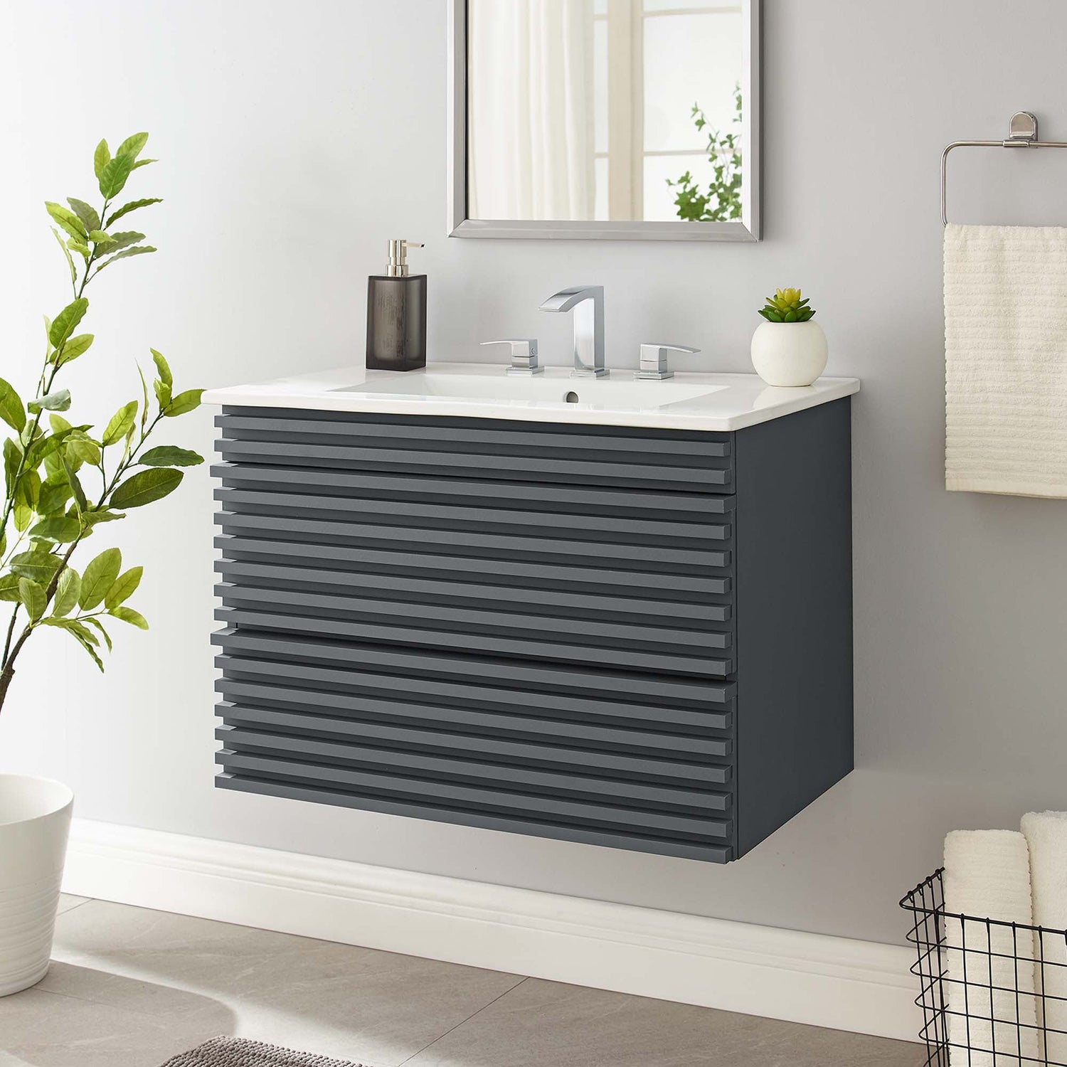 Render Wall-Mount Bathroom Vanity with White Basin Included by Modway