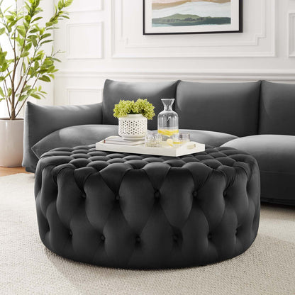 Amour Tufted Button Large Round Performance Velvet Ottoman By HouseBean