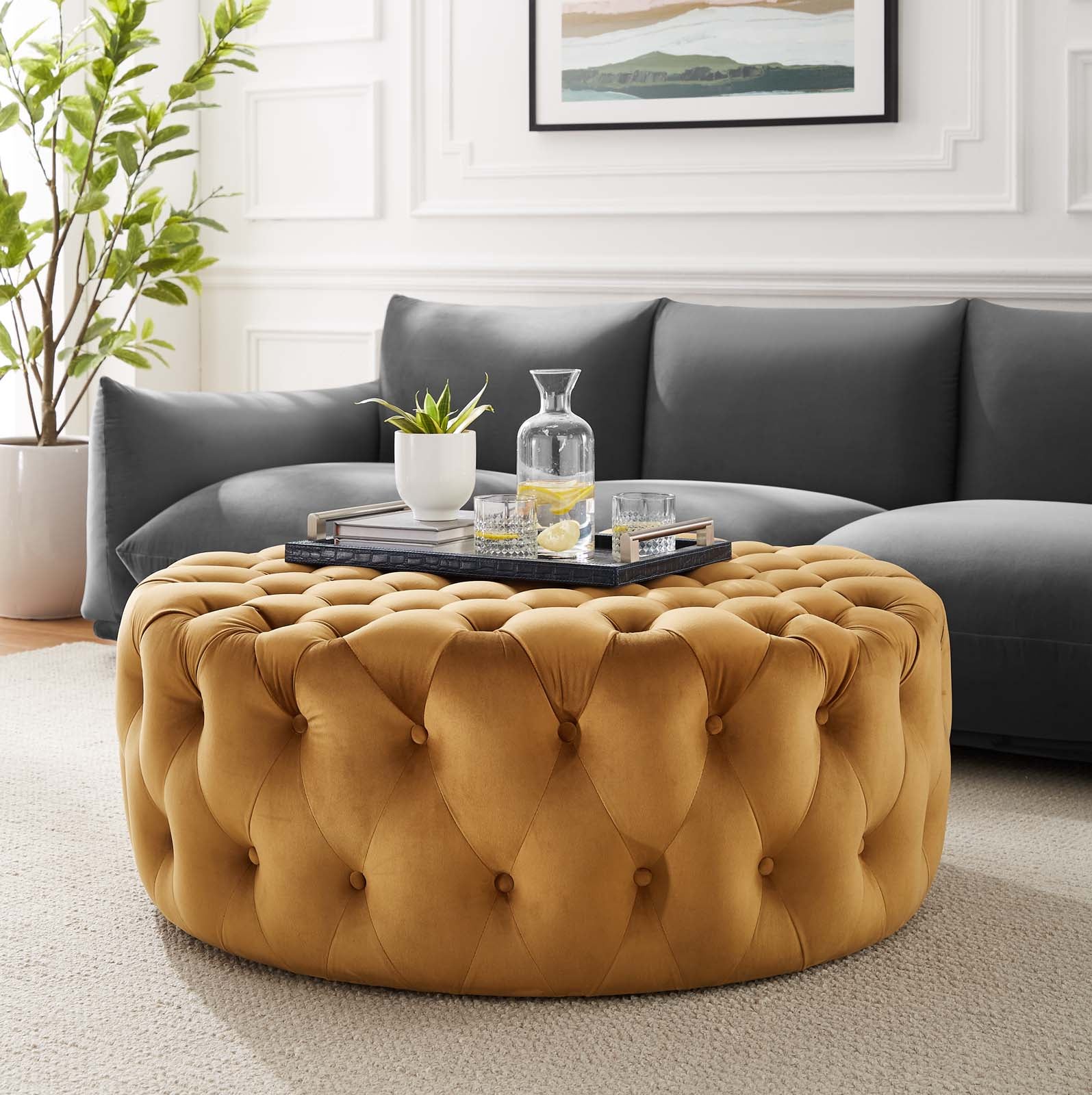 Amour Tufted Button Large Round Performance Velvet Ottoman By HouseBean