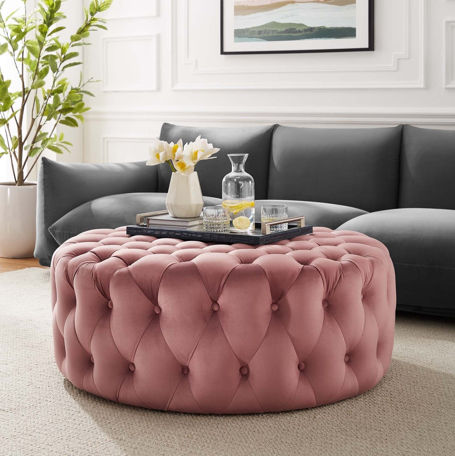 Amour Tufted Button Large Round Performance Velvet Ottoman By HouseBean