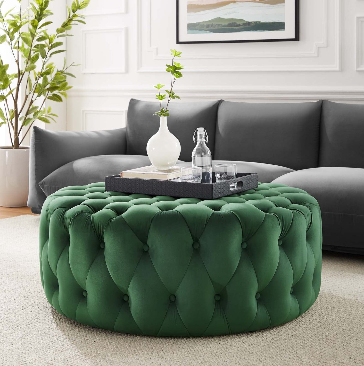 Amour Tufted Button Large Round Performance Velvet Ottoman By HouseBean