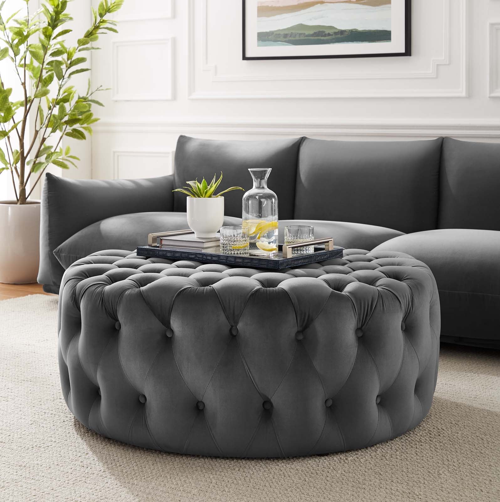 Amour Tufted Button Large Round Performance Velvet Ottoman By HouseBean