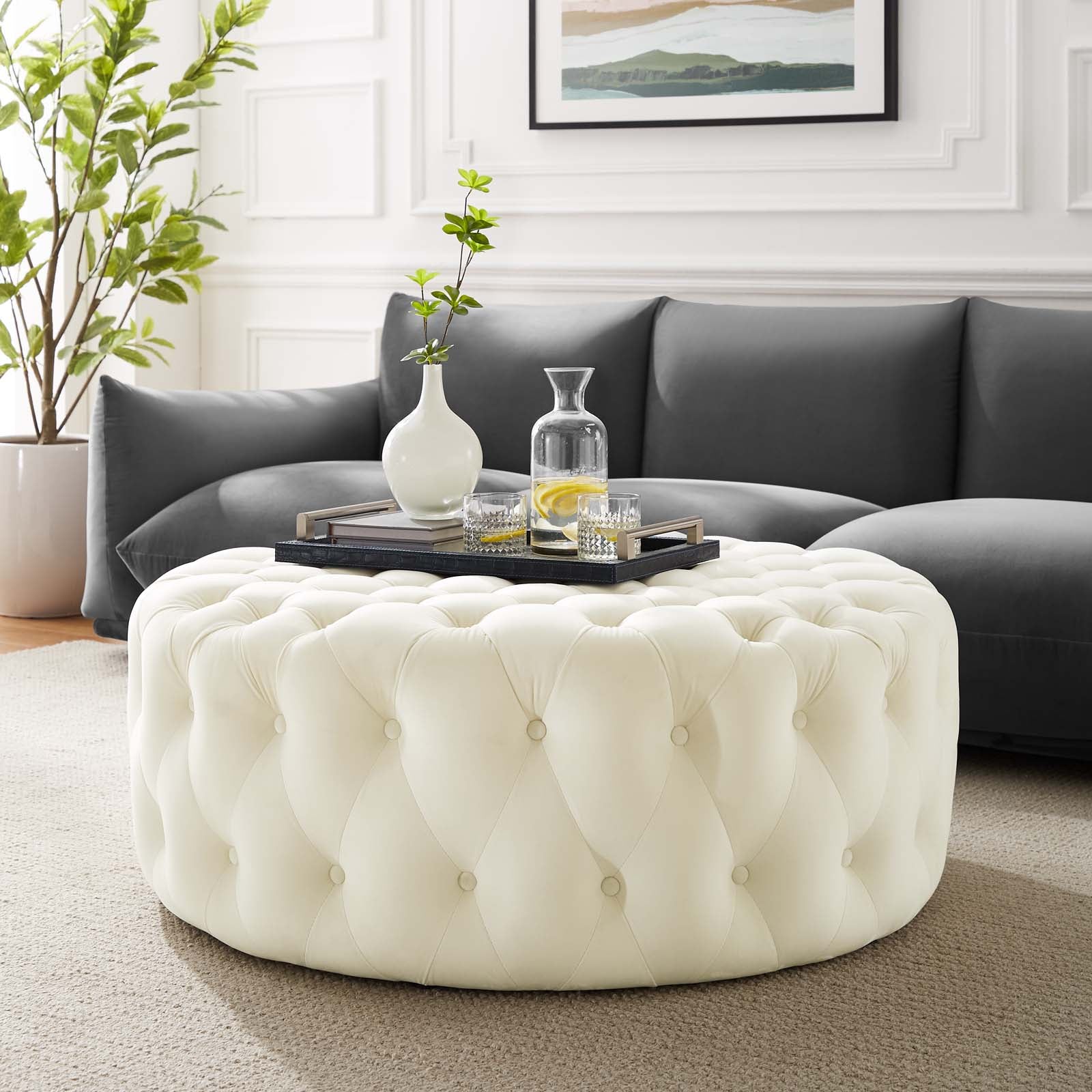 Amour Tufted Button Large Round Performance Velvet Ottoman By HouseBean