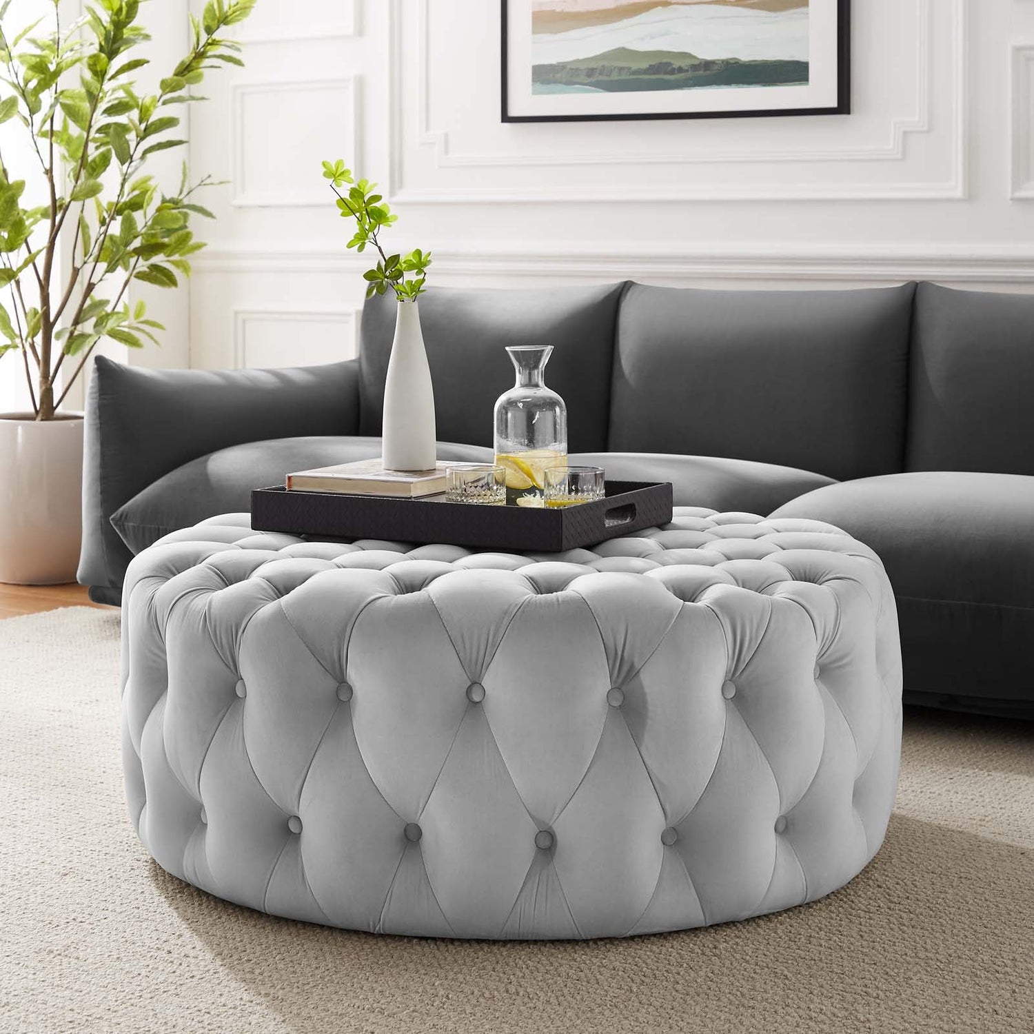 Amour Tufted Button Large Round Performance Velvet Ottoman By HouseBean