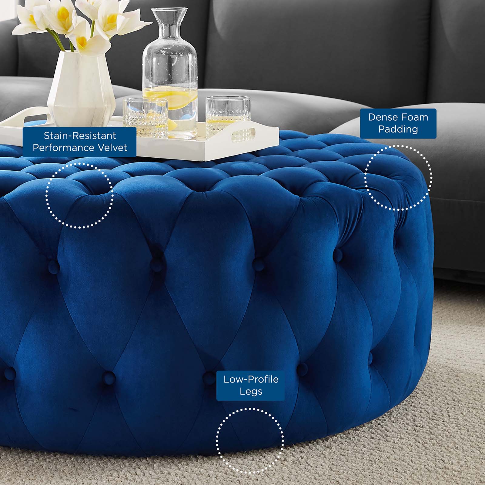 Amour Tufted Button Large Round Performance Velvet Ottoman By HouseBean