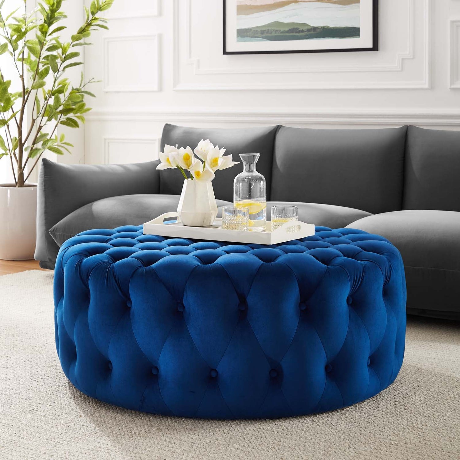 Amour Tufted Button Large Round Performance Velvet Ottoman By HouseBean