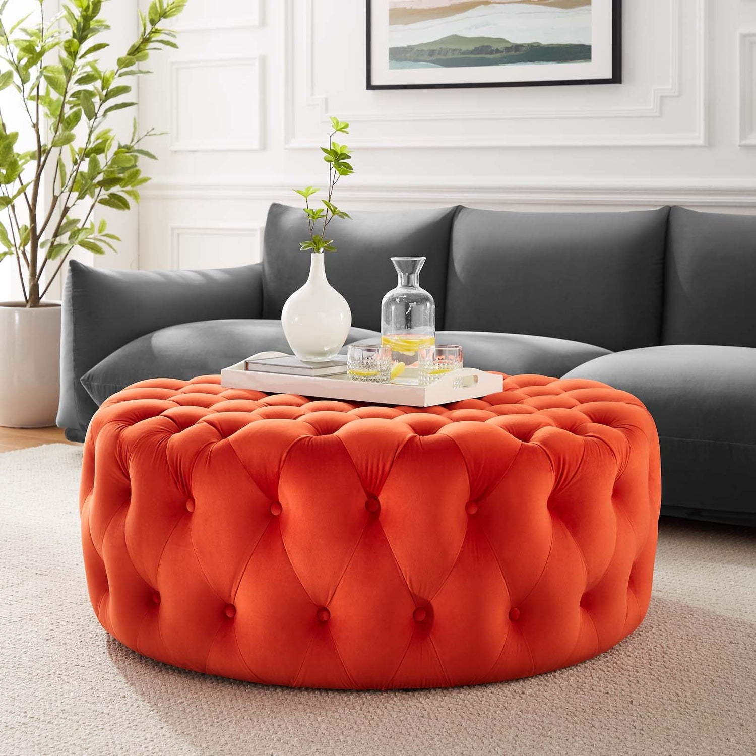 Amour Tufted Button Large Round Performance Velvet Ottoman By HouseBean