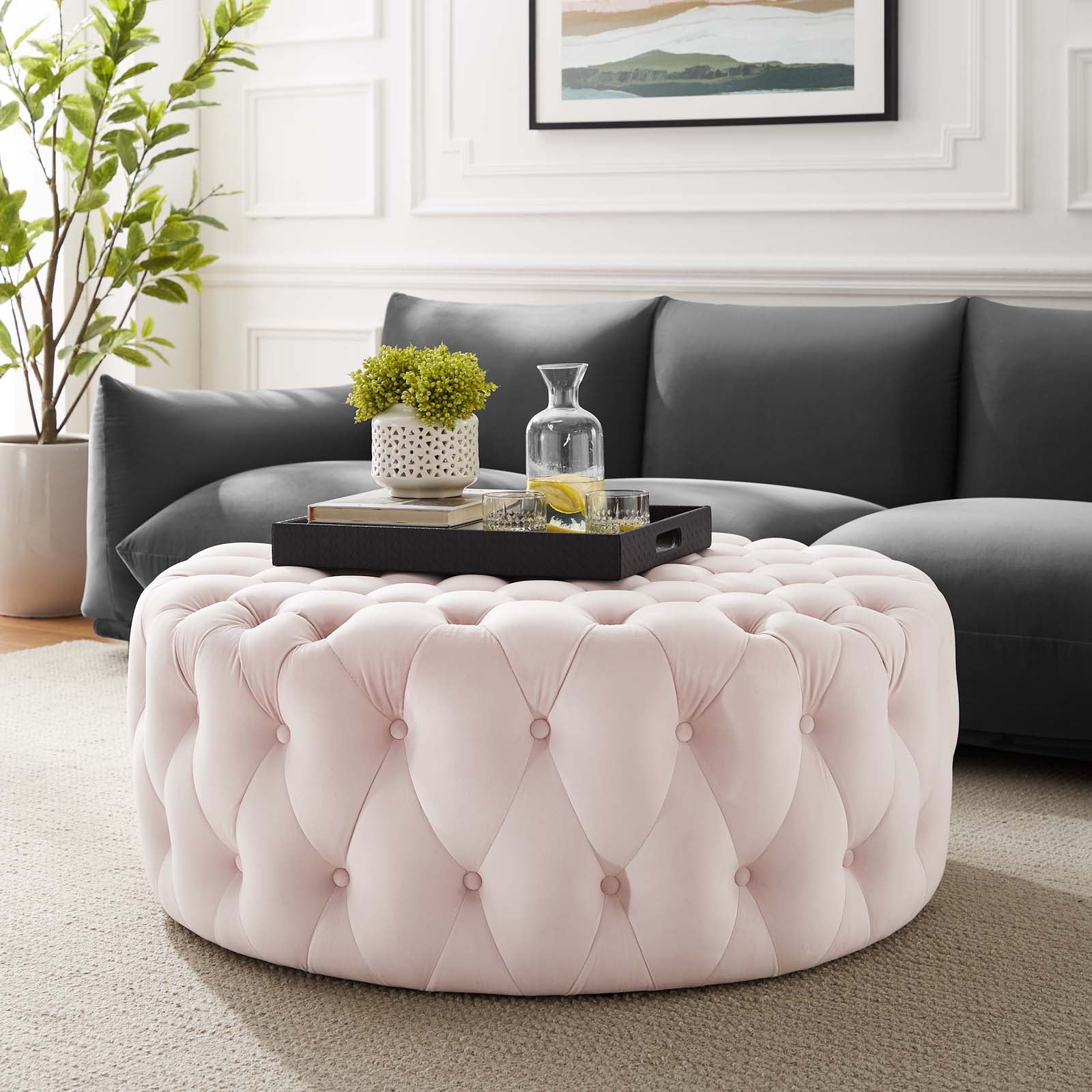 Amour Tufted Button Large Round Performance Velvet Ottoman By HouseBean