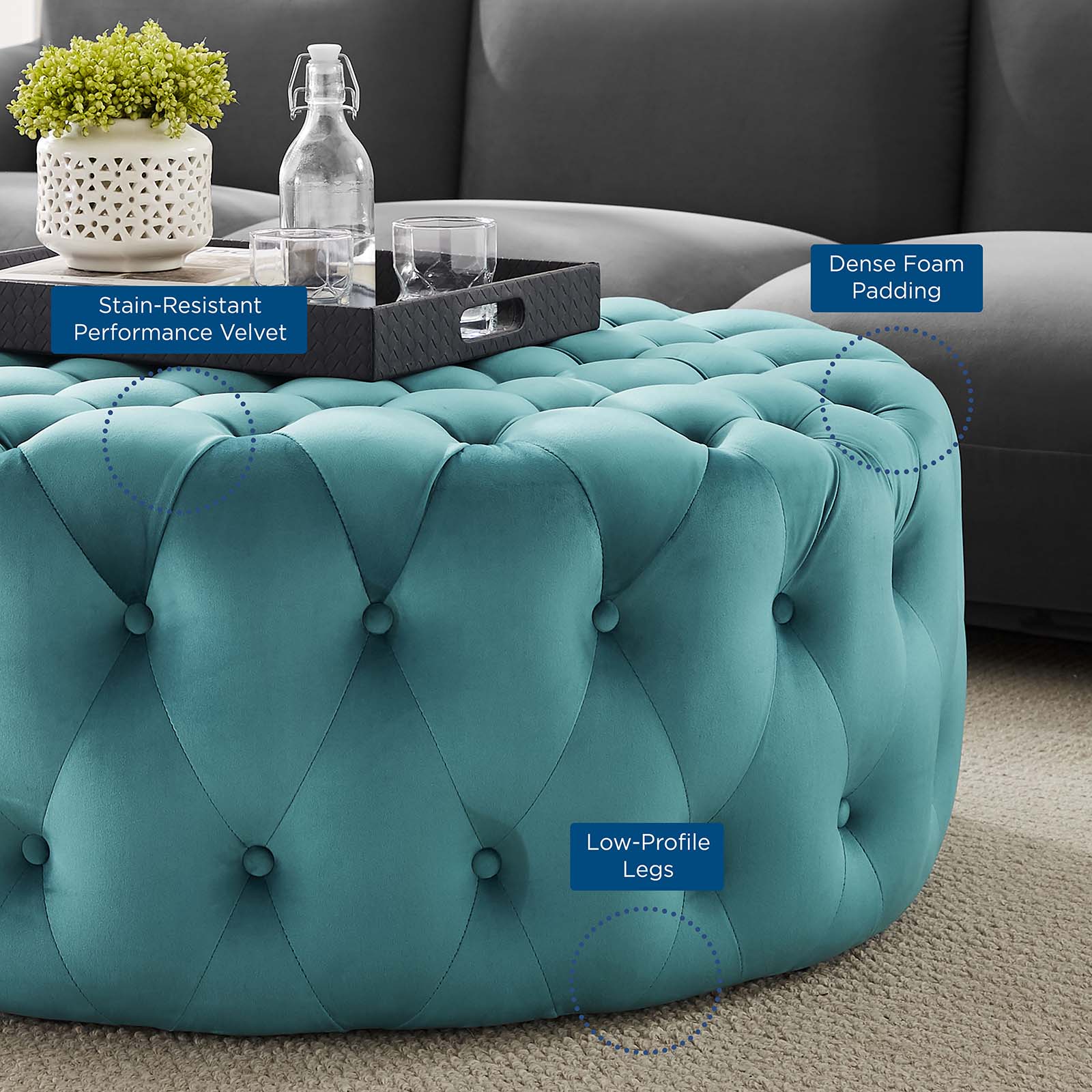 Amour Tufted Button Large Round Performance Velvet Ottoman By HouseBean