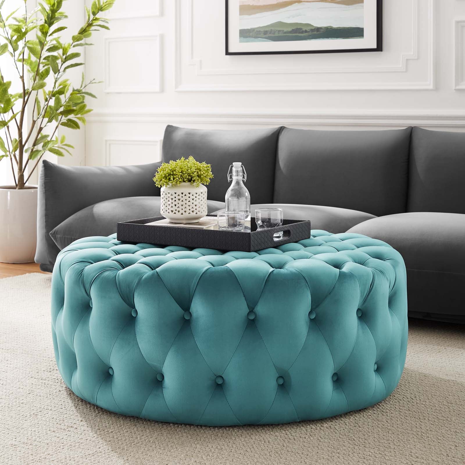 Amour Tufted Button Large Round Performance Velvet Ottoman By HouseBean