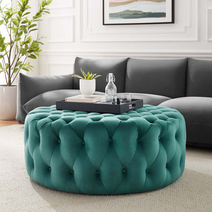 Amour Tufted Button Large Round Performance Velvet Ottoman By HouseBean