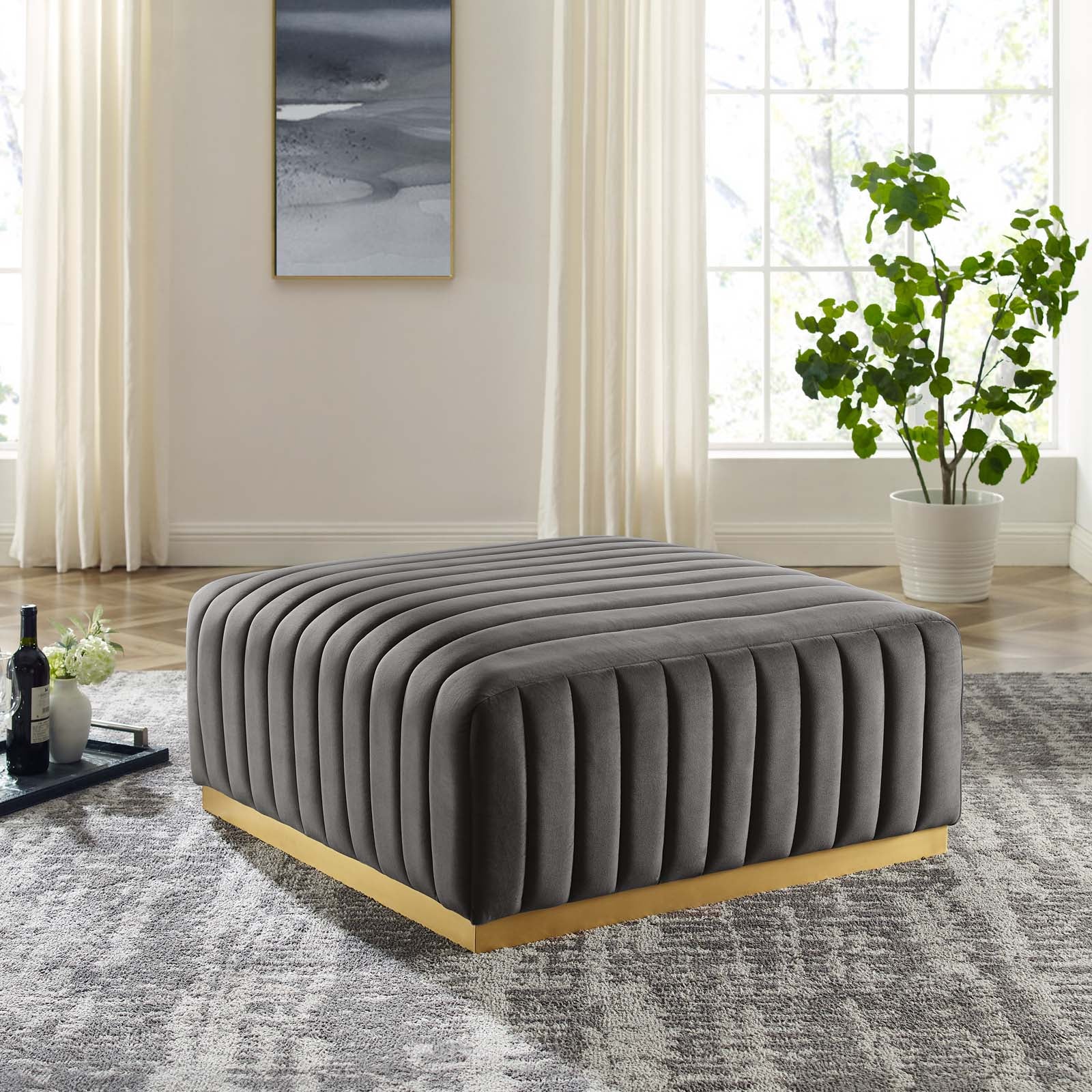 Conjure Channel Tufted Performance Velvet Ottoman By HouseBean