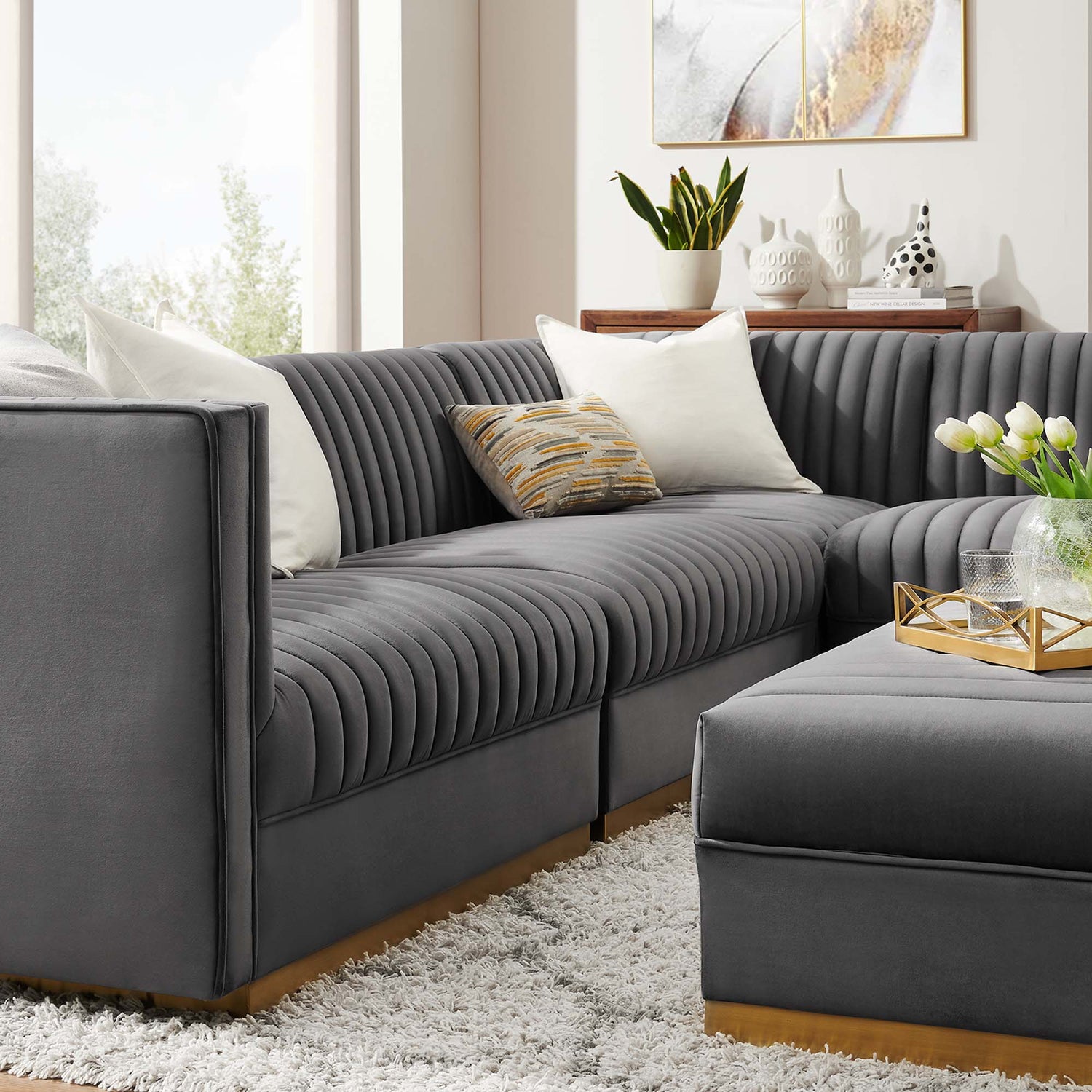 Sanguine 5-Piece Channel Tufted Performance Velvet Right-Facing Modular Sectional Sofa by Modway