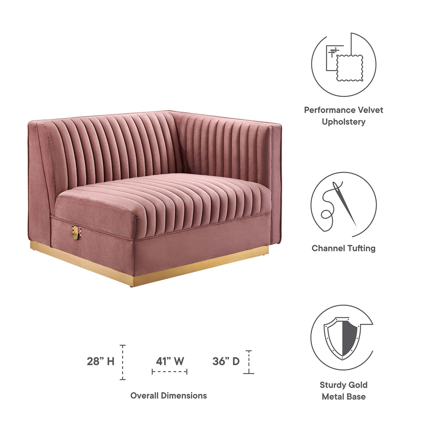 Sanguine Channel Tufted Performance Velvet Modular Sectional Sofa Right-Arm Chair by Modway