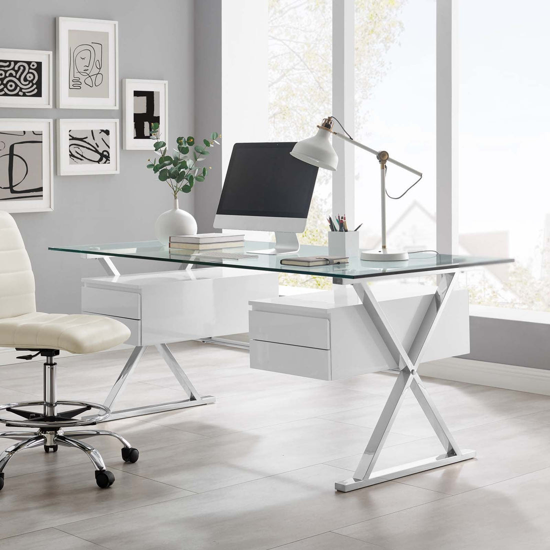 Sector 71&quot; Glass Top Glass Office Desk By HouseBean