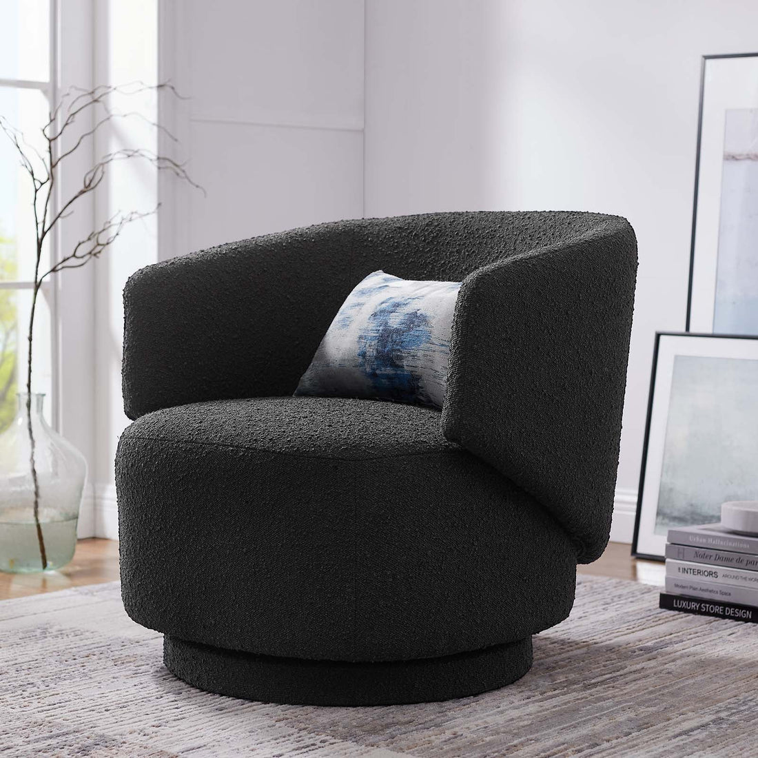 Celestia Boucle Fabric Fabric and Wood Swivel Chair By HouseBean