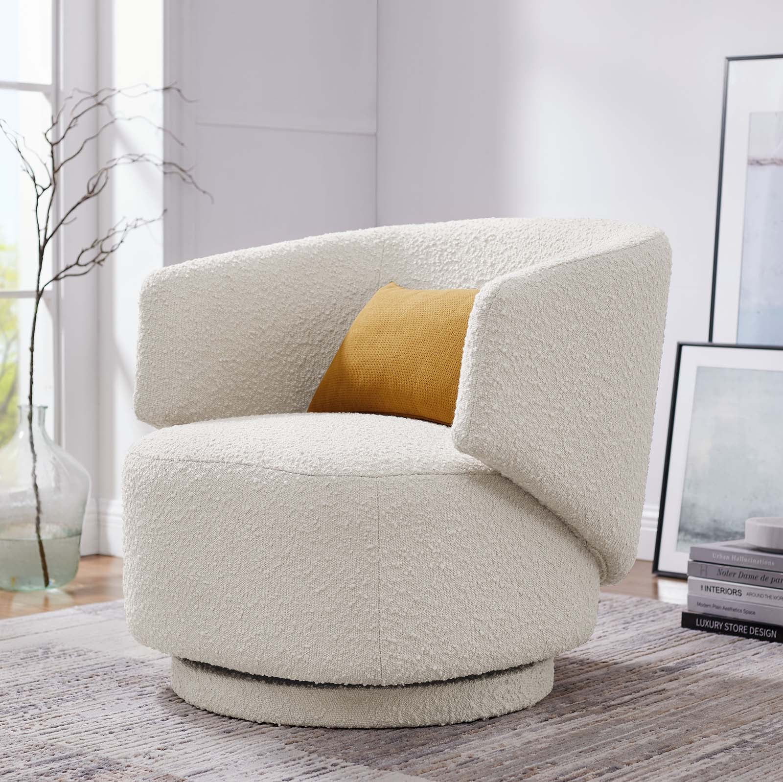 Celestia Boucle Fabric Fabric and Wood Swivel Chair By HouseBean