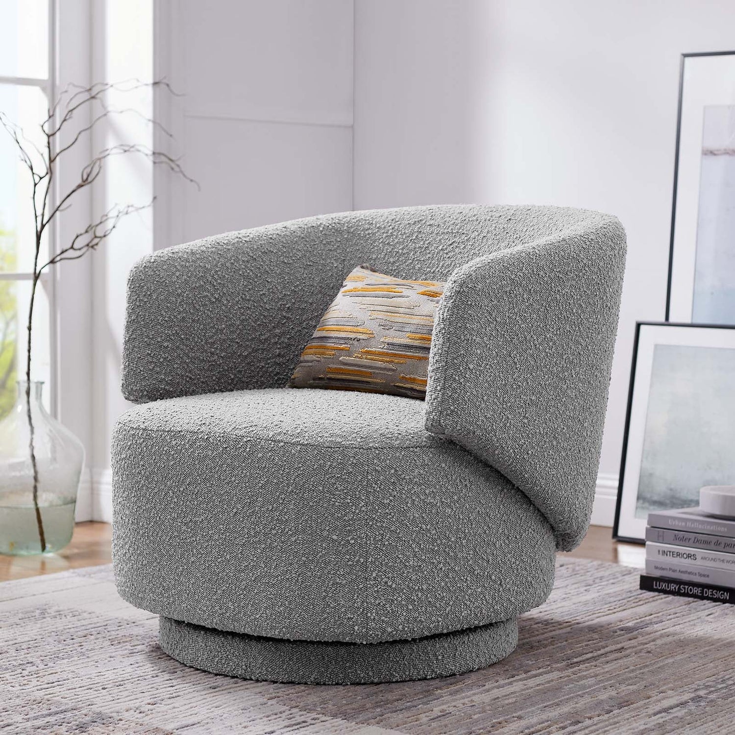 Celestia Boucle Fabric Fabric and Wood Swivel Chair By HouseBean