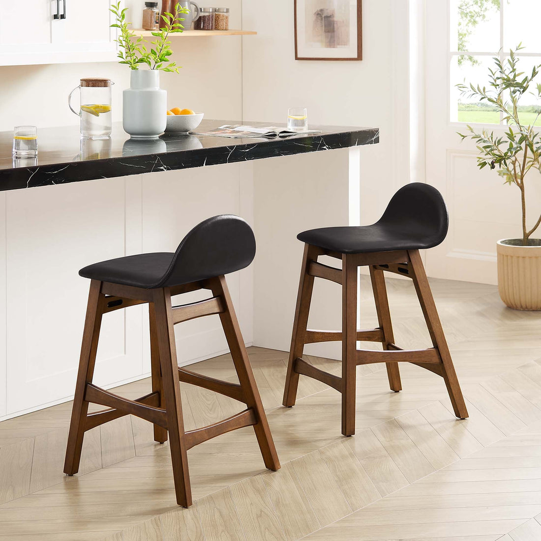 Juno Vegan Leather Wood Counter Stool - Set of 2 by Modway