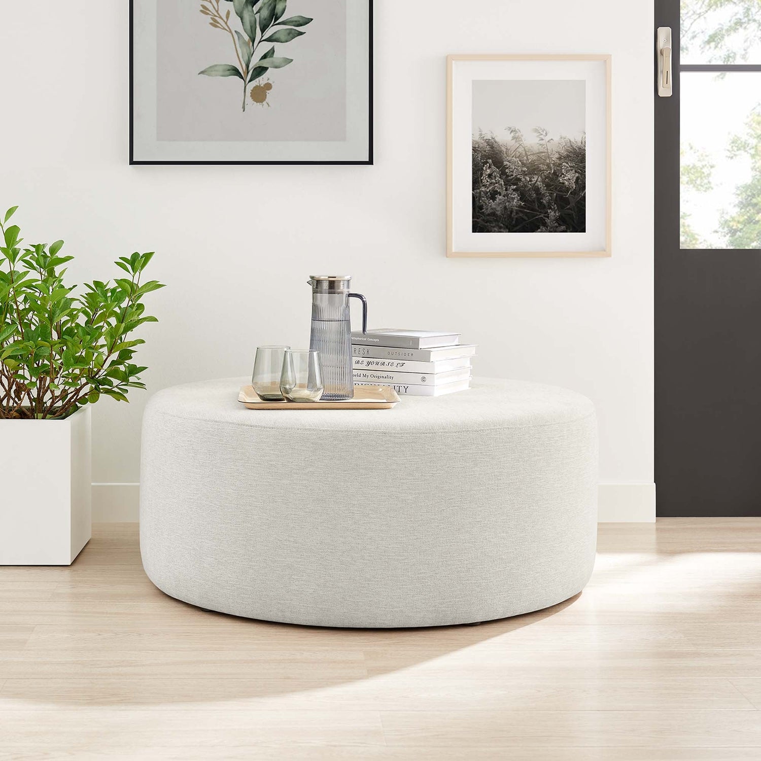 Callum Large 38&quot; Round Woven Heathered Fabric Upholstered Ottoman by Modway