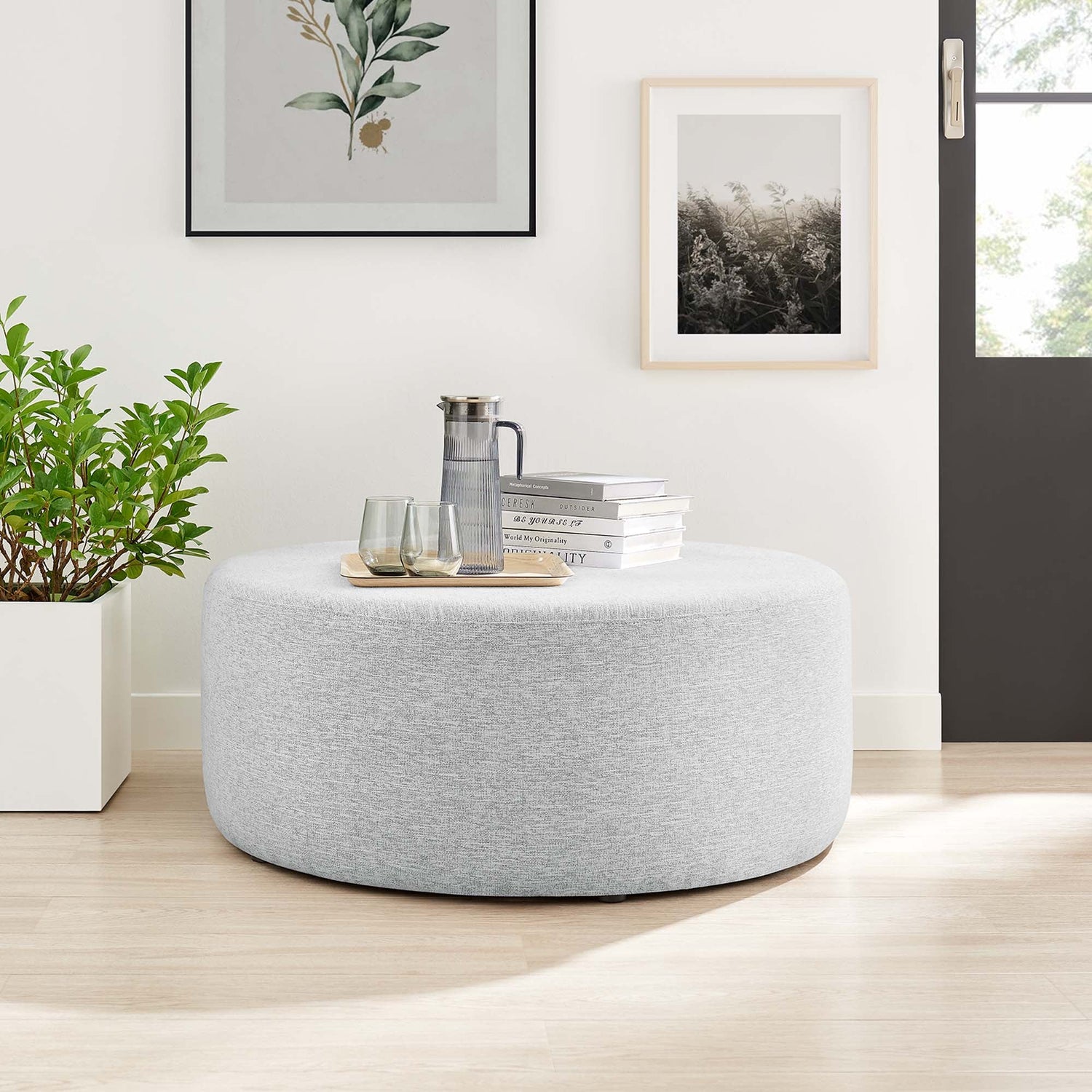 Callum Large 38&quot; Round Woven Heathered Fabric Upholstered Ottoman by Modway