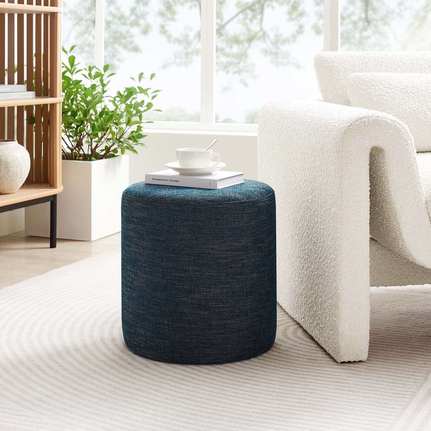 Callum 16&quot; Round Woven Heathered Fabric Upholstered Ottoman By HouseBean