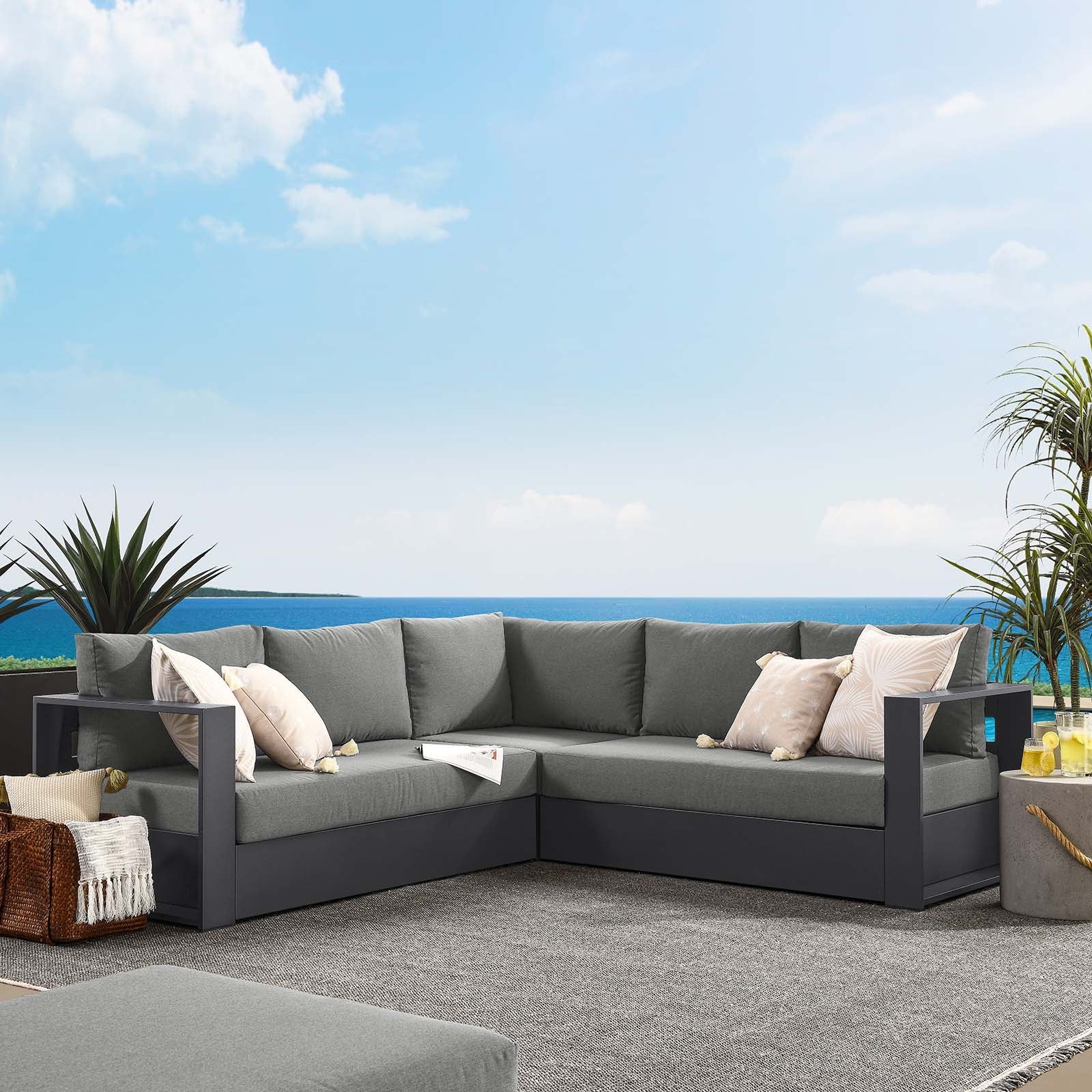 Tahoe Outdoor Patio Powder-Coated Aluminum 3-Piece Sectional Sofa Set By HouseBean